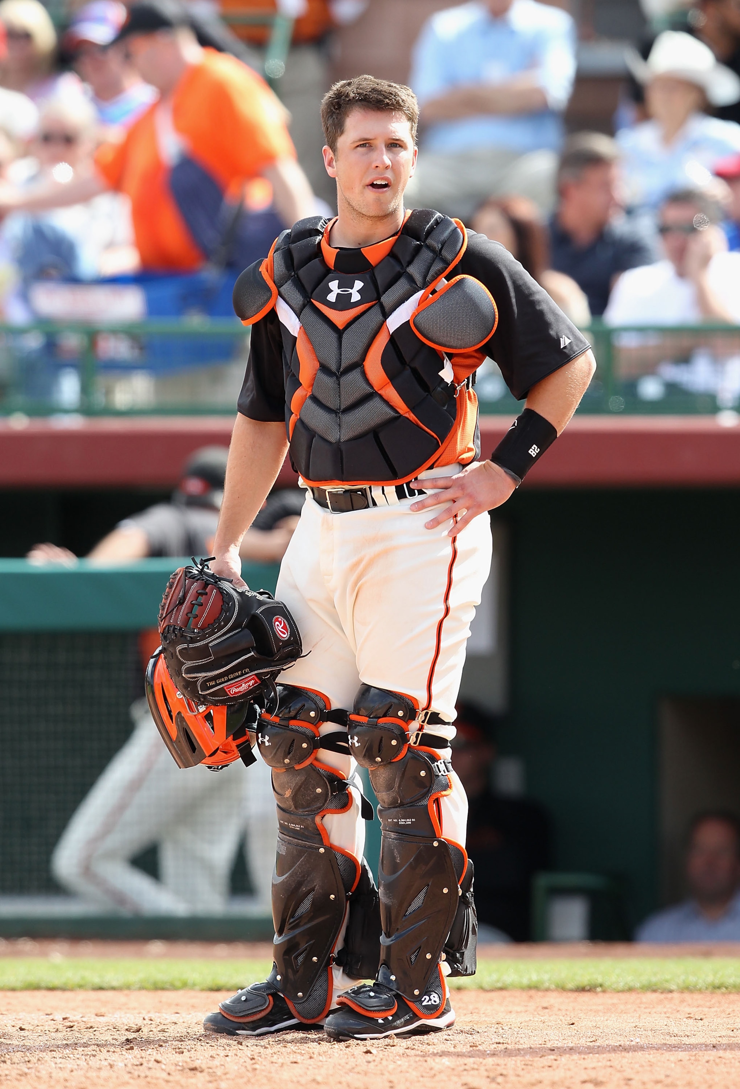 SCOTTSDALE, AZ - MARCH 01:  Catcher Buster Posey #28 of the San Francisco Giants during the spring training game against the Chicago Cubs at Scottsdale Stadium on March 1, 2011 in Scottsdale, Arizona.  (Photo by Christian Petersen/Getty Images)