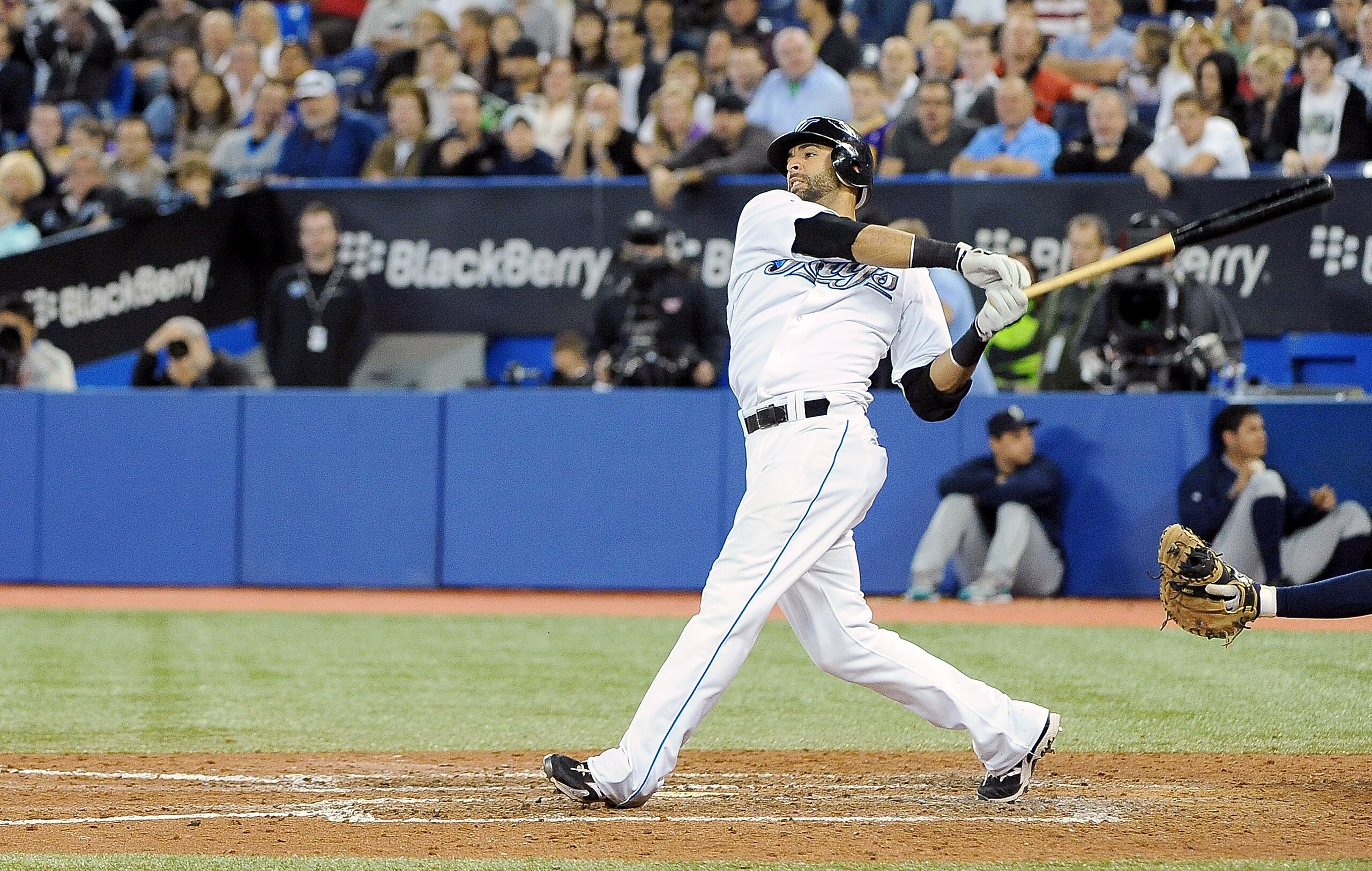 TORONTO, ON - SEPTEMBER 22: Jose Bautista #19 of the Toronto Blue Jays fouls a pitch off during a game against the Seattle Mariners> on September 22, 2010 at the Rogers Centre in Toronto, Canada. (Photo by Matthew Manor/Getty Images)
