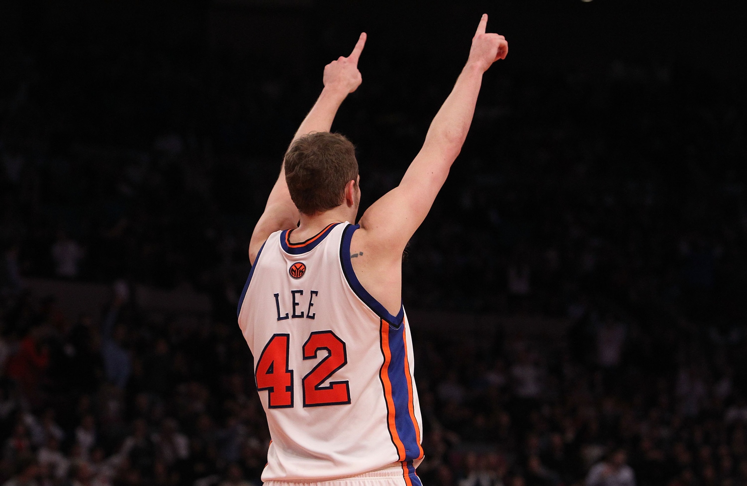 NEW YORK - FEBRUARY 17:  David Lee #42 of the New York Knicks against the Chicago Bulls at Madison Square Garden on February 17, 2010 in New York, New York. NOTE TO USER: User expressly acknowledges and agrees that, by downloading and or using this photog