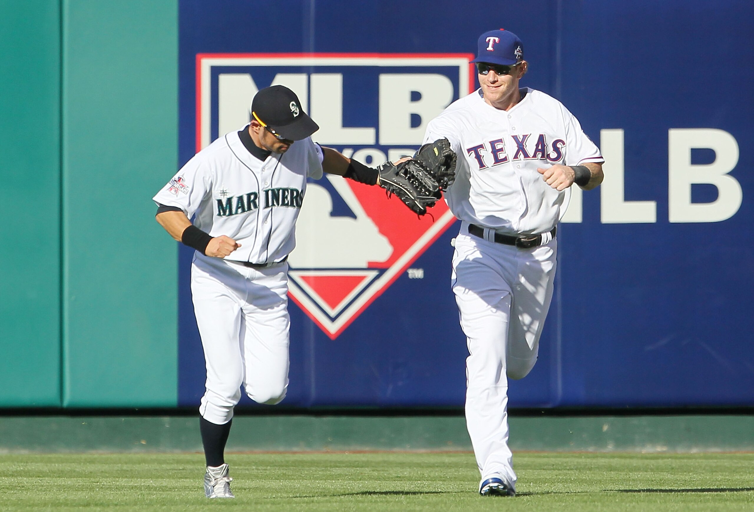 ANAHEIM, CA - JULY 13:  American League All-Star Ichiro Suzuki #51 of the Seattle Mariners American League All-Star Josh Hamilton #32 of the Texas Rangers during the 81st MLB All-Star Game at Angel Stadium of Anaheim on July 13, 2010 in Anaheim, Californi