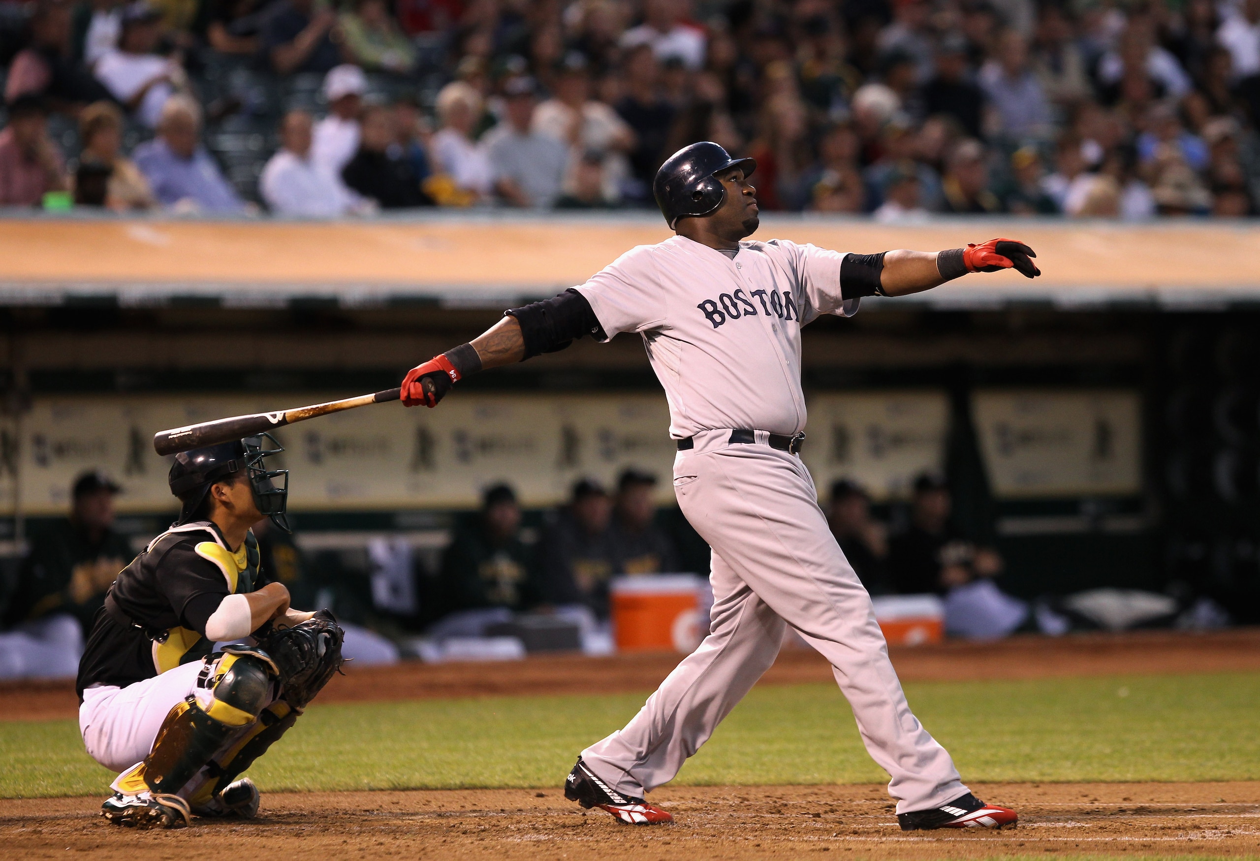 OAKLAND, CA - SEPTEMBER 10:  David Ortiz #34 of the Boston Red Sox bats against the Oakland Athletics at the Oakland-Alameda County Coliseum on September 10, 2010 in Oakland, California.  (Photo by Ezra Shaw/Getty Images)