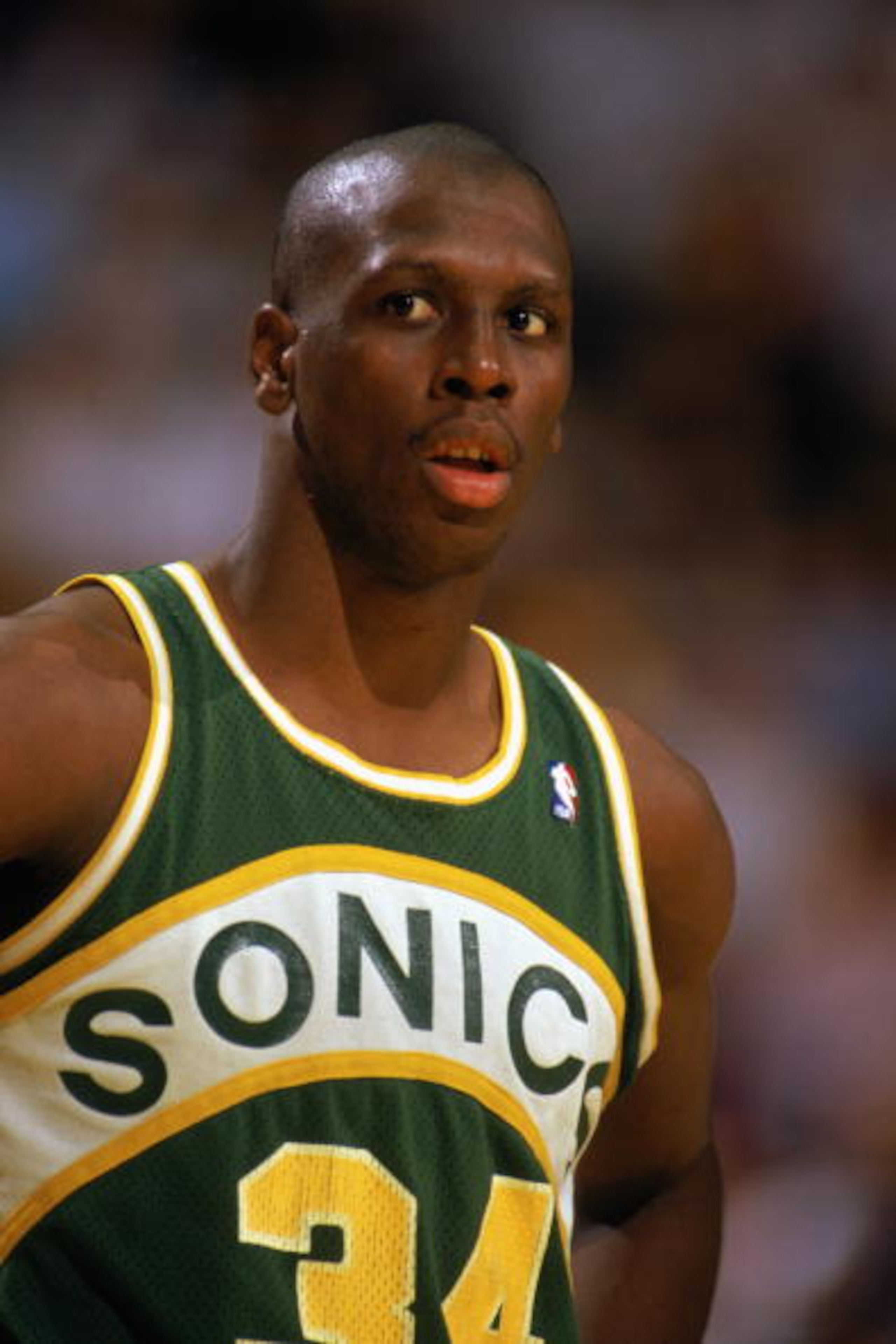 1988:  Xavier McDaniel #34 of the Seattle Supersonics looks on in a game during the 1988-1989 NBA season.  (Photo by Tim Defrisco/Getty Images)