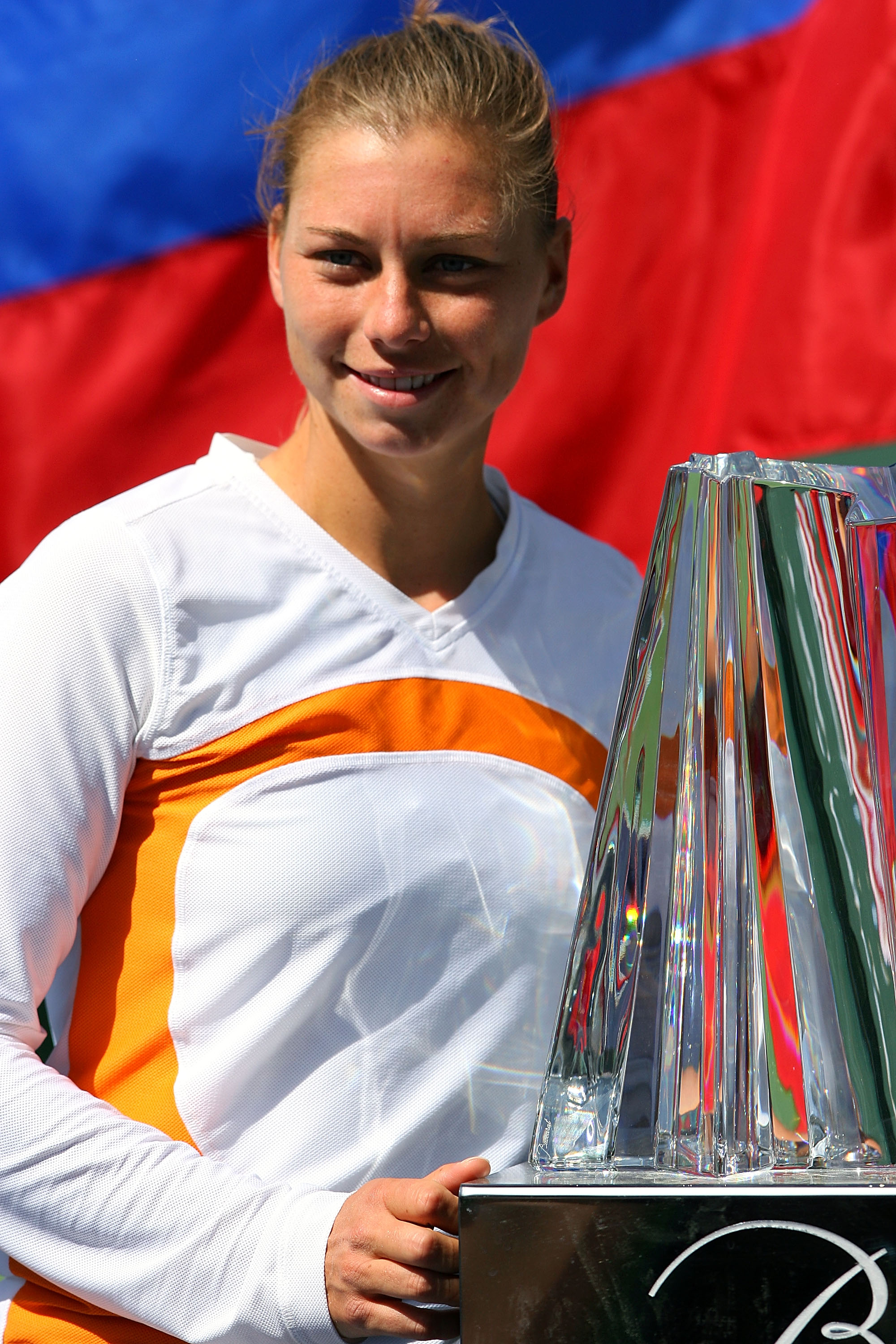 INDIAN WELLS, CA - MARCH 22:  Vera Zvonareva of Russia poses with the championship trophy after defeating Ana Ivanovic of Serbia in the final of the BNP Paribas Open on March 22, 2009 at the Indian Wells Tennis Garden in Indian Wells, California.  (Photo