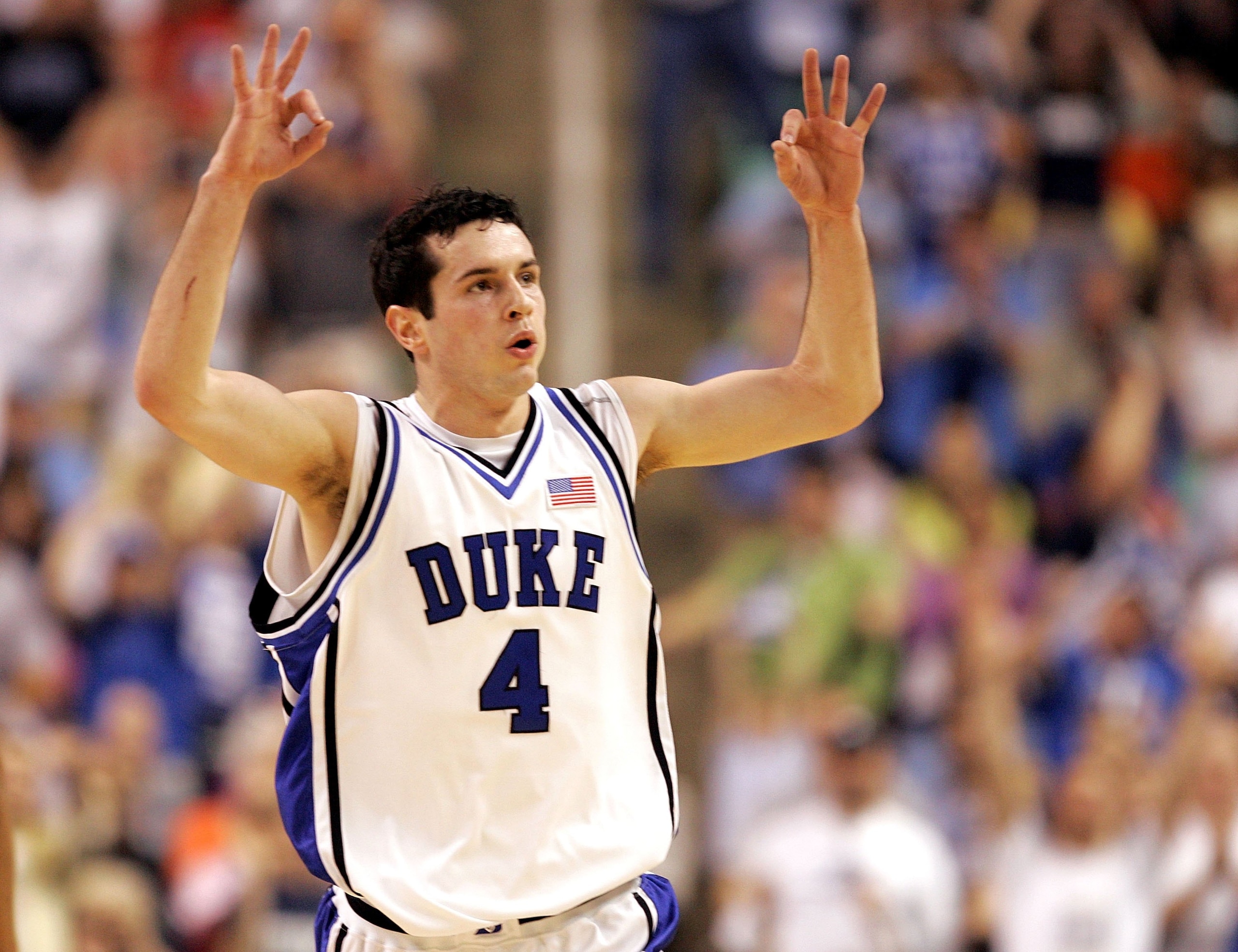 GREENSBORO, NC - MARCH 12:  J.J. Redick #4 of the Duke Blue Devils reacts after making a three-point basket against the Boston College Eagles during the finals of the Atlantic Coast Conference Men's Basketball Tournament on March 12, 2006 at the Greensbor