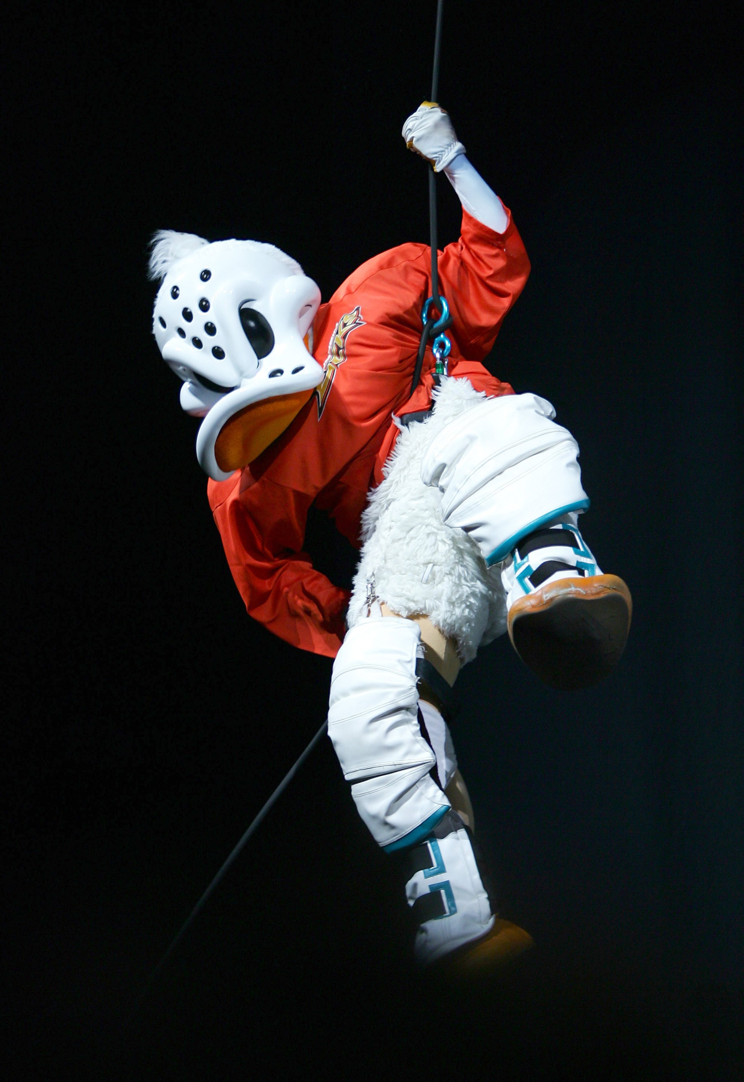 ANAHEIM, CA - JUNE 22: Anaheim Ducks mascot Wildwing arrives at the unveiling of the new Anaheim Ducks logo and jersey at the Arrowhead Pond of Anaheim on June 22, 2006 in Anaheim, California. (Photo by Robert Laberge/Getty Images)
