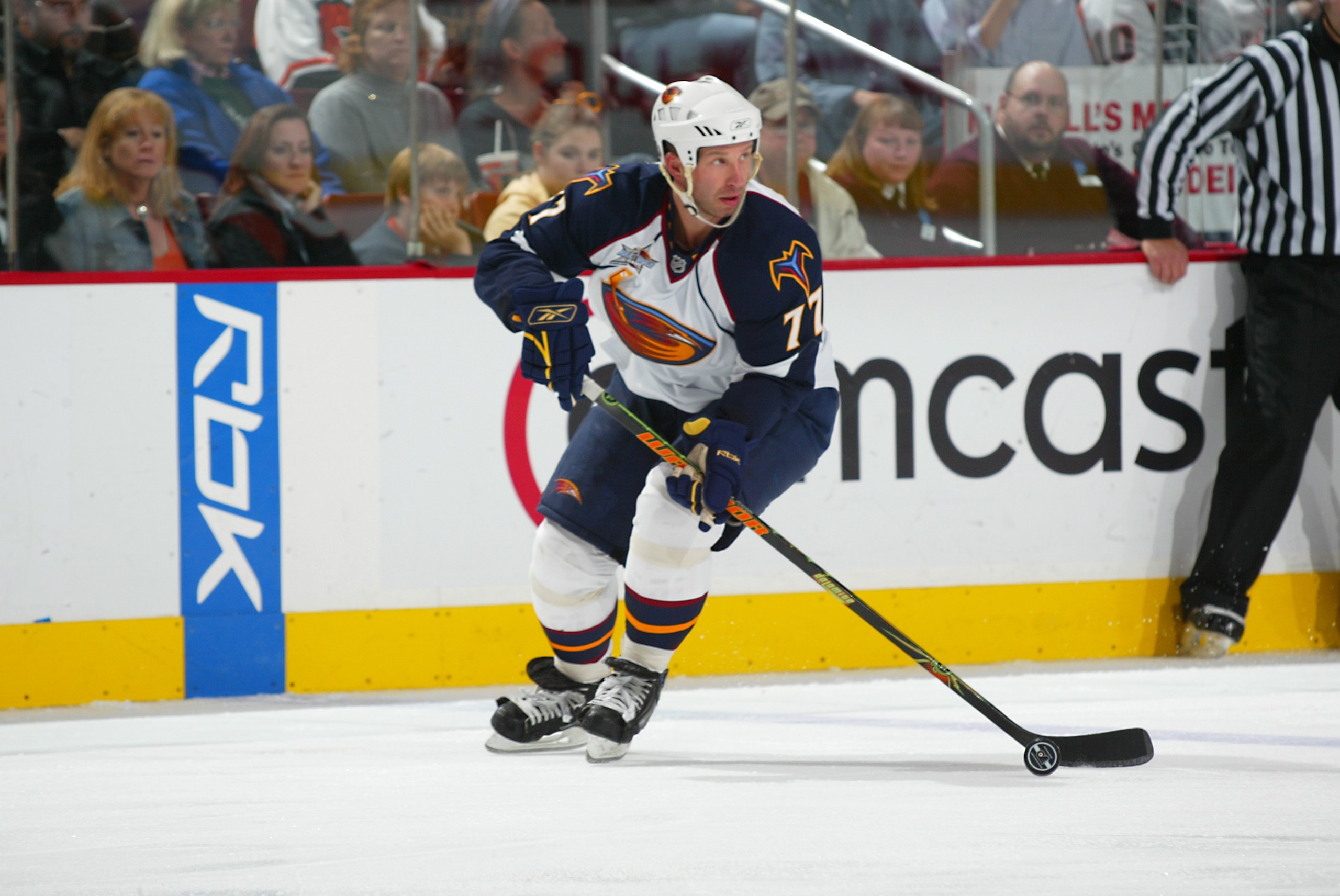 PHILADELPHIA - OCTOBER 16:  Alexei Zhitnik #77 of the Atlanta Thrashers skates during the NHL game against the Philadelphia Flyers on October 16, 2007 at the Wachovia Center in Philadelphia, Pennsylvania. The Flyers defeated the Thrashers 4-0.  (Photo by