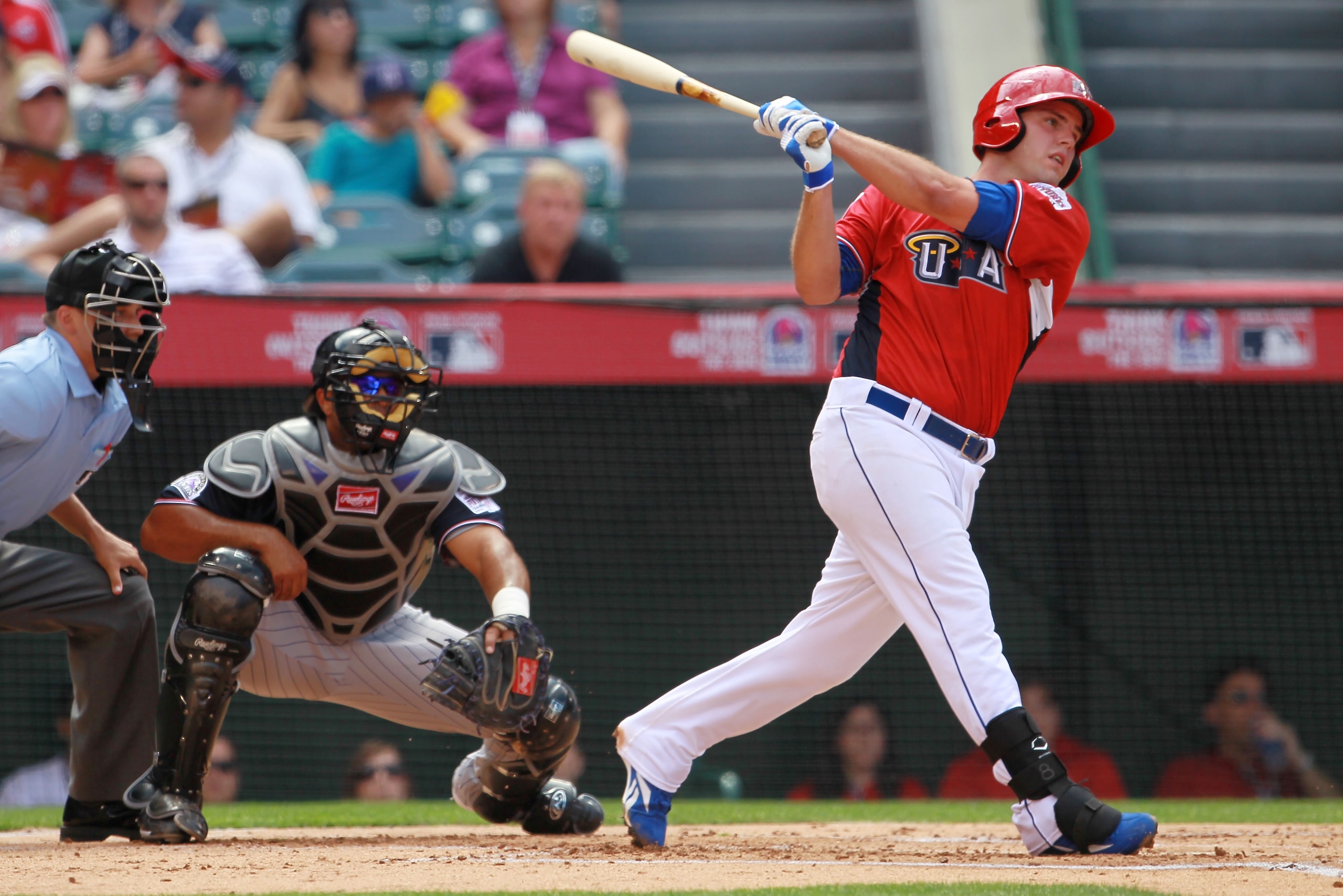 ANAHEIM, CA - JULY 11: U.S. Futures All-Star Mike Moustakas #8 of the Kansas City Royals at bat during the 2010 XM All-Star Futures Game at Angel Stadium of Anaheim on July 11, 2010 in Anaheim, California. (Photo by Jeff Gross/Getty Images) ANAHEIM, CA - JULY 11: U.S. Futures All-Star Mike Moustakas #8 of the Kansas City Royals at bat during the 2010 XM All-Star Futures Game at Angel Stadium of Anaheim on July 11, 2010 in Anaheim, California. (Photo by Jeff Gross/Getty Images)