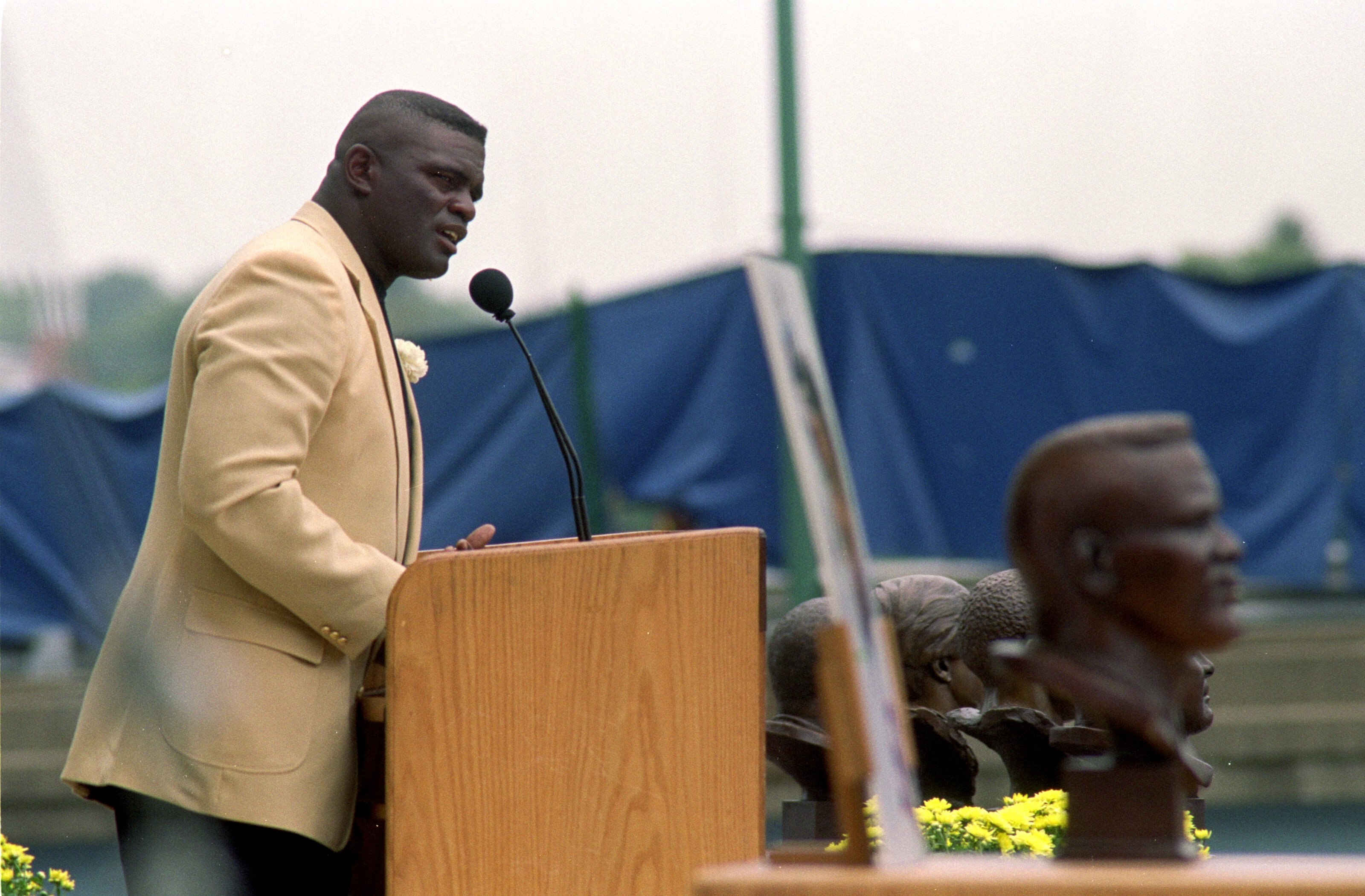 7 Aug 1999: Lawrence Taylor talks to the press during his induction into the Pro Football Hall of Fame in Canton, Ohio.