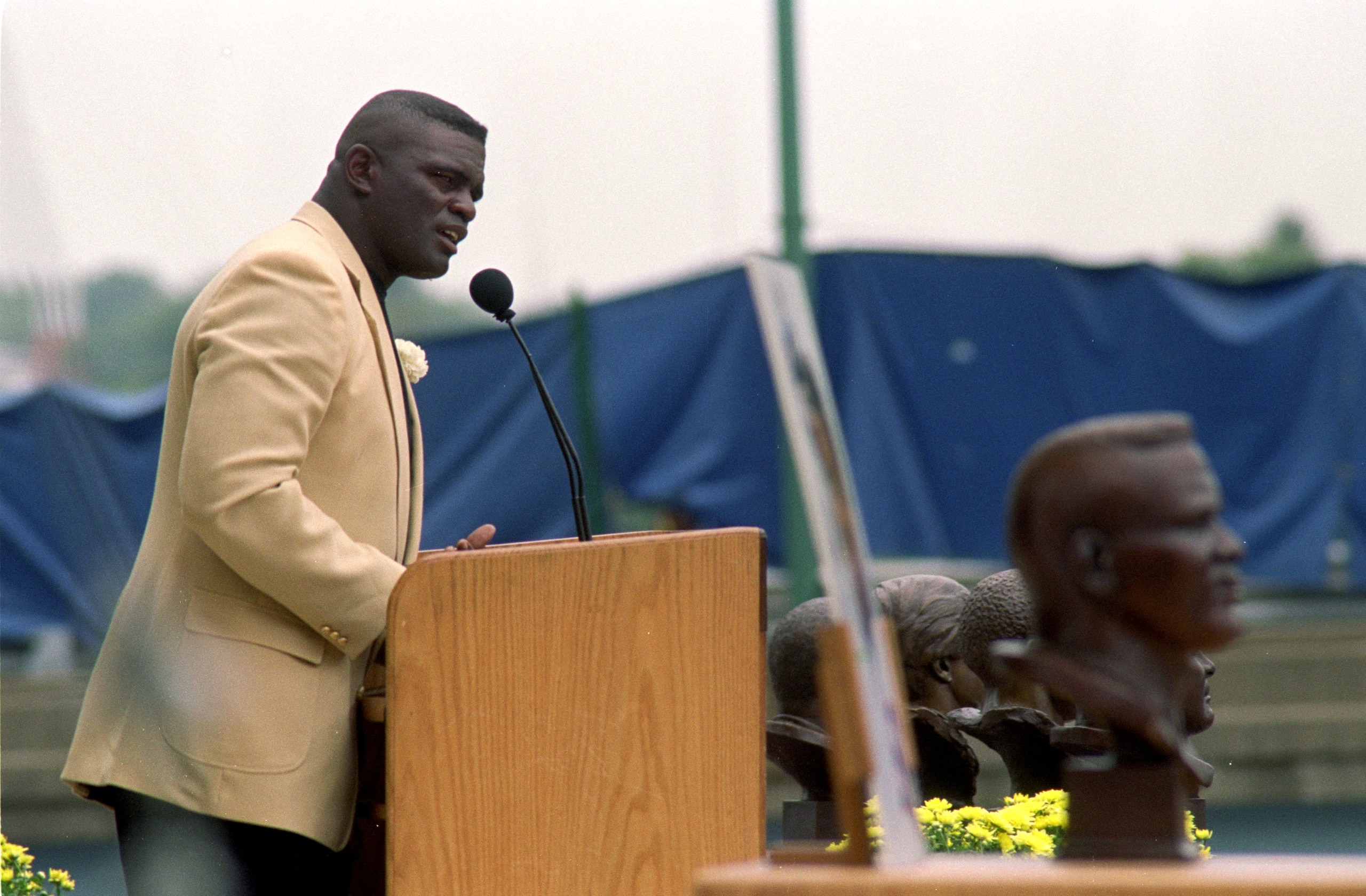7 Aug 1999: Lawrence Taylor talks to the press during his induction into the Pro Football Hall of Fame in Canton, Ohio.