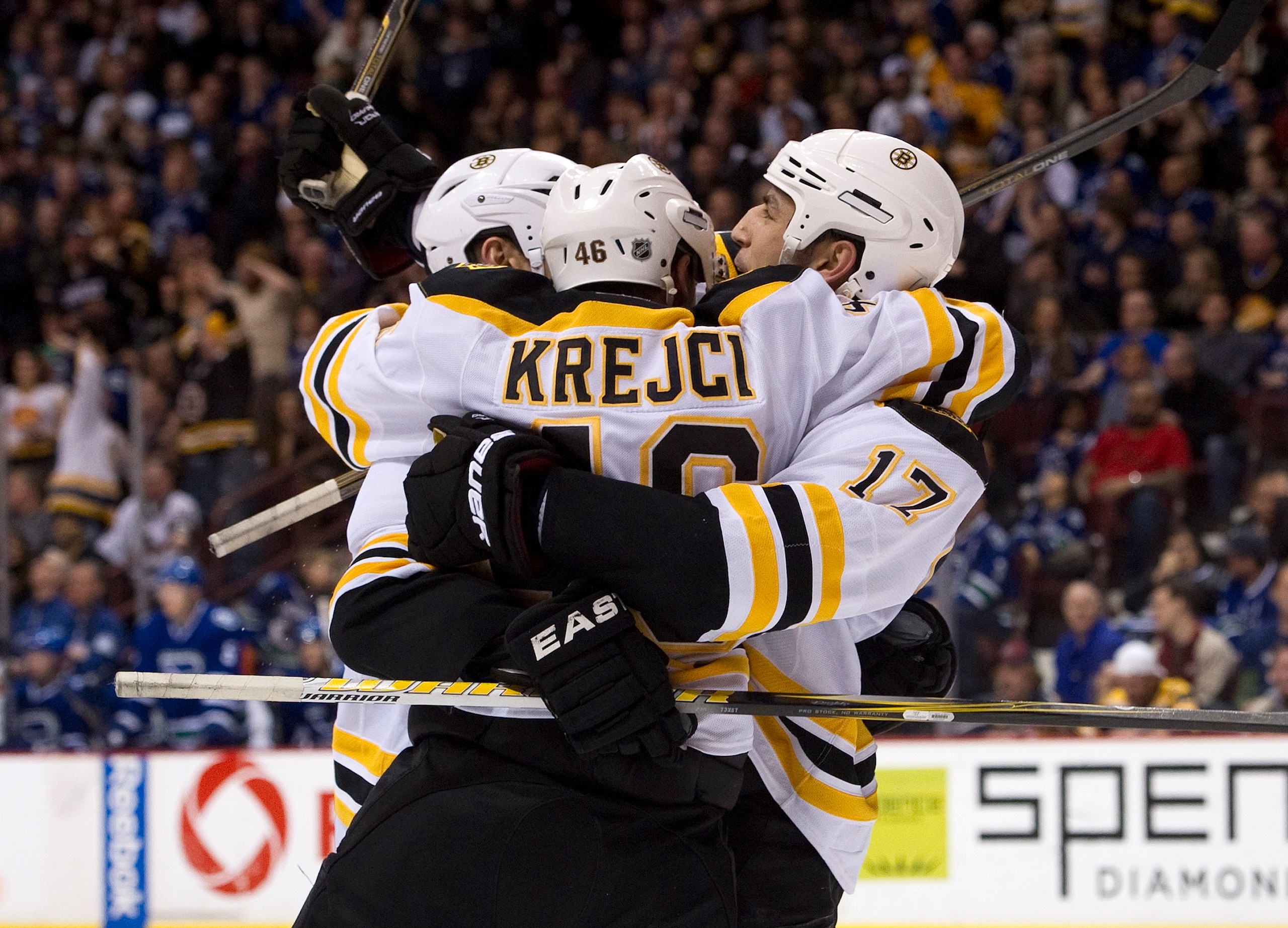 VANCOUVER, CANADA - FEBRUARY 26: Milan Lucic #17 celebrates with David Krejci #46 of the Boston Bruins after scoring against the Vancouver Canucks during the third period in NHL action on February 26, 2011 at Rogers Arena in Vancouver, British Columbia, C