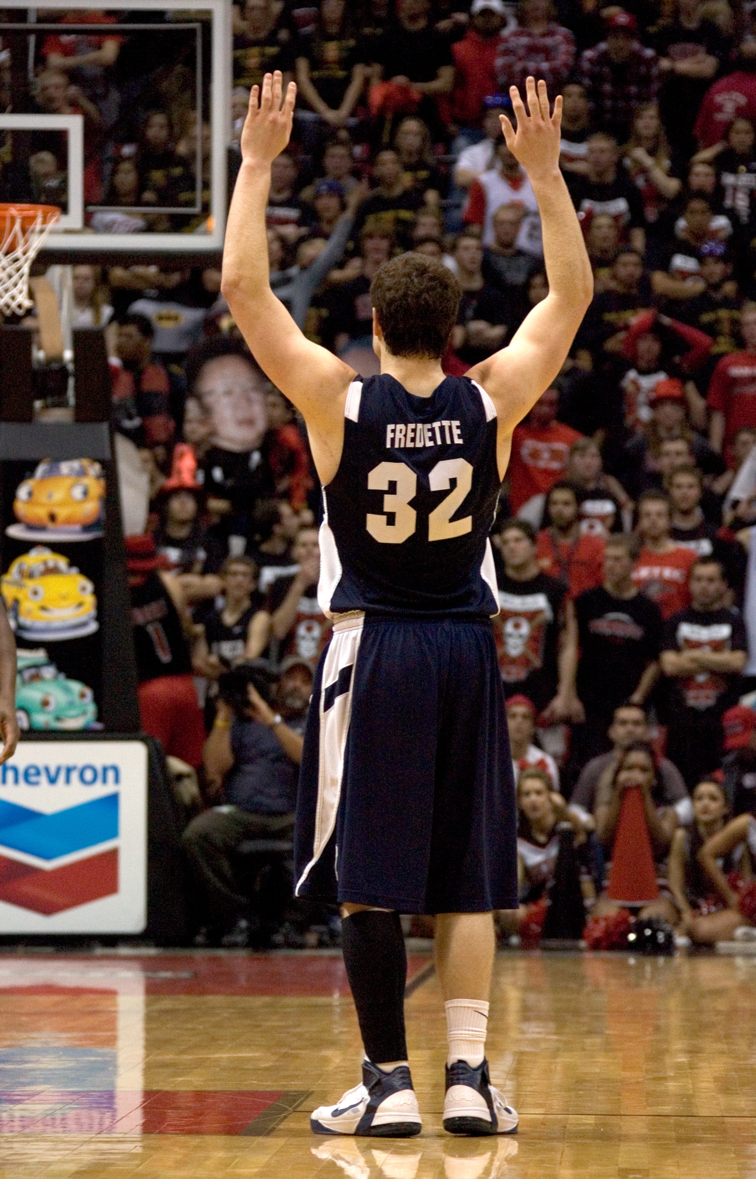 SAN DIEGO, CA - FEBRUARY 26:  Jimmer Fredette #32 of the Brigham Young Cougars celebrates the win against the San Diego State Aztecs during the second half at Cox Arena on February 26, 2011 in San Diego, California. BYU beat SDSU 80-67. (Photo by Kent Hor