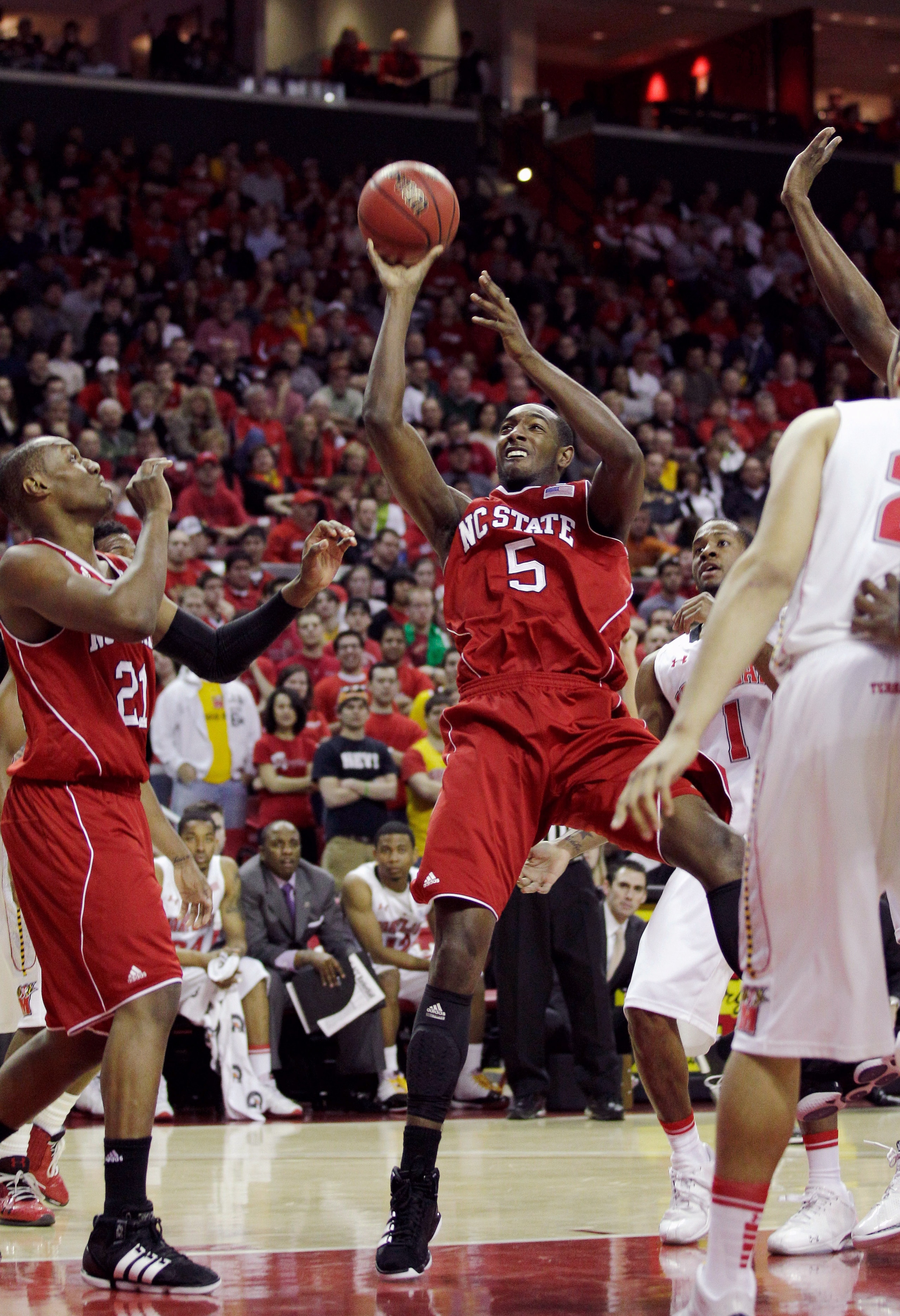 COLLEGE PARK, MD - FEBRUARY 20: C.J. Leslie #5 of the North Carolina State Wolfpack puts up a shot against the Maryland Terrapins at the Comcast Center on February 20, 2011 in College Park, Maryland.  (Photo by Rob Carr/Getty Images)
