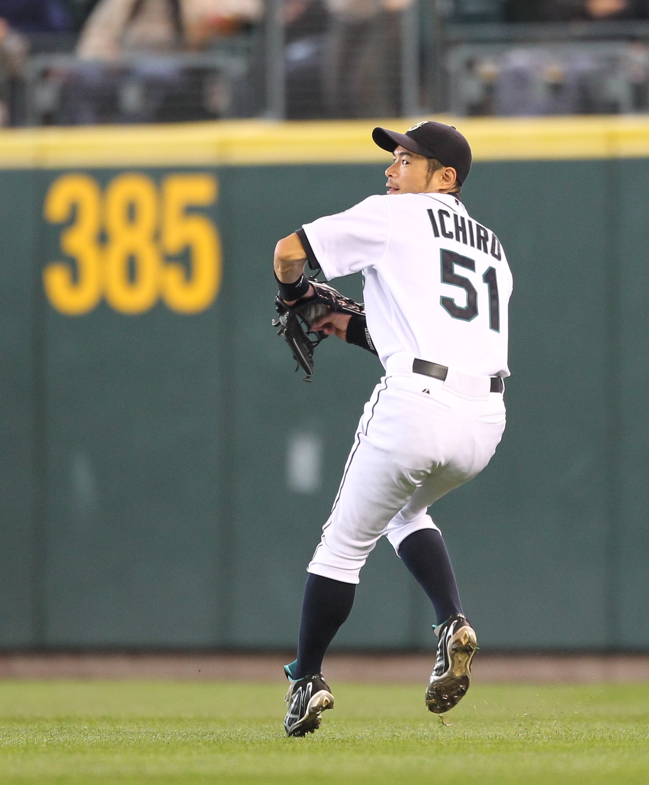 SEATTLE - MAY 26:  Right fielder Ichiro Suzuki #51 of the Seattle Mariners fields a base hit by Austin Jackson of the Detroit Tigers at Safeco Field on May 26, 2010 in Seattle, Washington. (Photo by Otto Greule Jr/Getty Images)