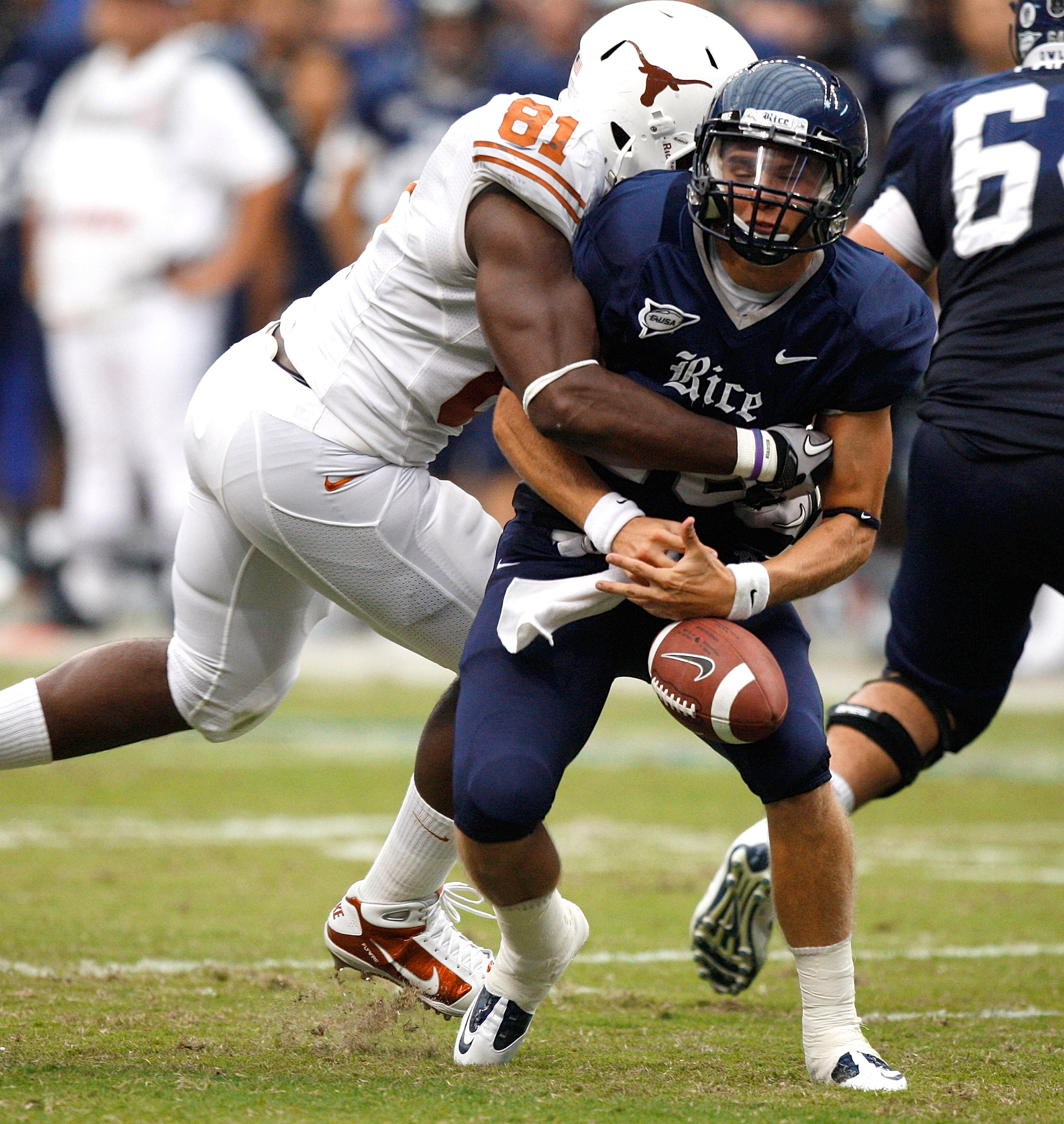 HOUSTON - SEPTEMBER 04: Quarterback Taylor McHargue #16 of the Rice Owls loses the ball after he is sacked by defensive end Sam Acho #81 of the Texas Longhorns at Reliant Stadium on September 4, 2010 in Houston, Texas. Texas recovered the fumble and scor HOUSTON - SEPTEMBER 04: Quarterback Taylor McHargue #16 of the Rice Owls loses the ball after he is sacked by defensive end Sam Acho #81 of the Texas Longhorns at Reliant Stadium on September 4, 2010 in Houston, Texas. Texas recovered the fumble and scor