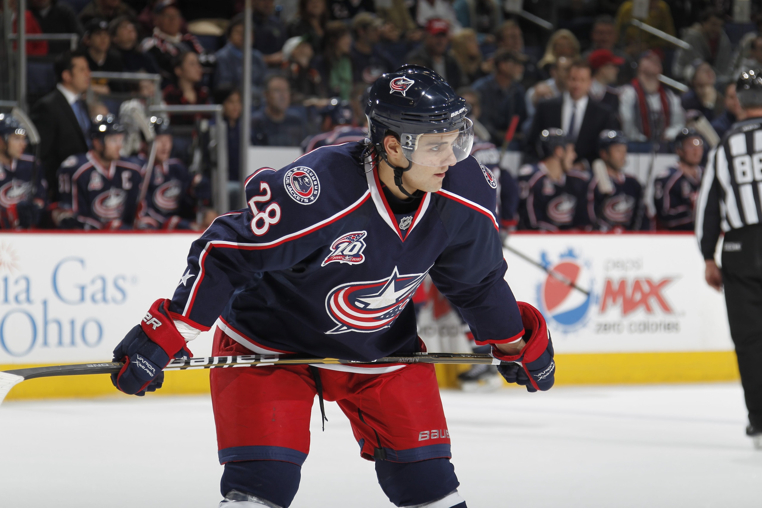COLUMBUS, OHIO - NOVEMBER 22:  Nikita Filatov #28 of the Columbus Blue Jackets looks on during the game against Nashville Predators at Nationwide Areana on November 22, 2010 in Columbus, Ohio. (Photo by Gregory Shamus/Getty Images)