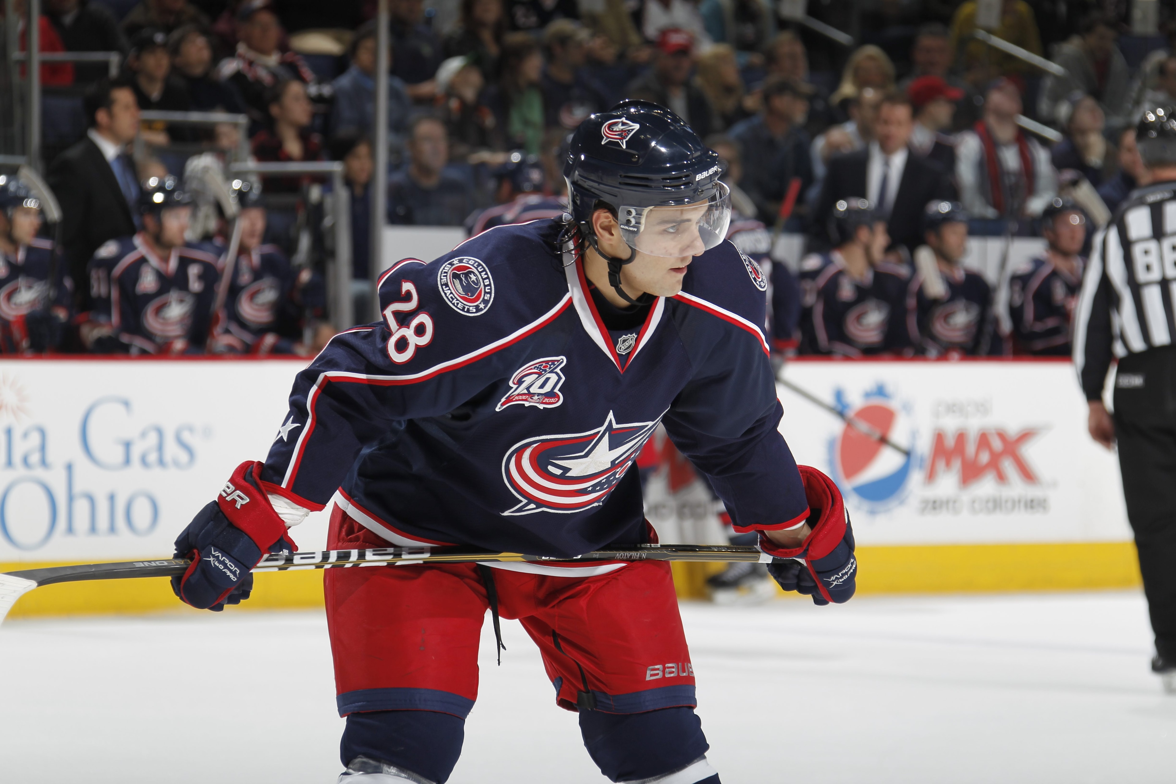 COLUMBUS, OHIO - NOVEMBER 22:  Nikita Filatov #28 of the Columbus Blue Jackets looks on during the game against Nashville Predators at Nationwide Areana on November 22, 2010 in Columbus, Ohio. (Photo by Gregory Shamus/Getty Images)