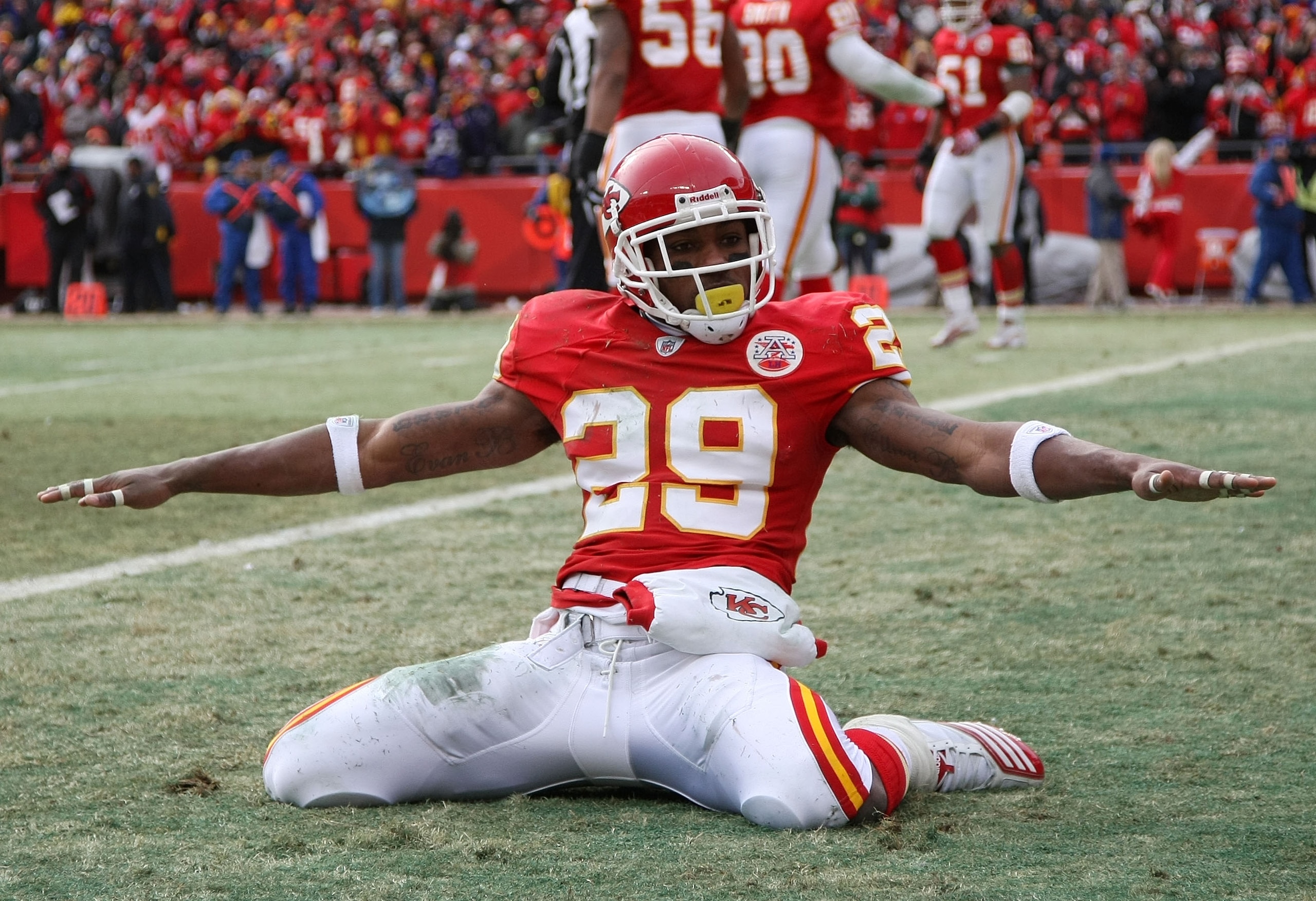 KANSAS CITY, MO - JANUARY 09: Safety Eric Berry #29 of the Kansas City Chiefs celebrates after breaking up a pass to tight end Todd Heap #86 of the Baltimore Ravens in the endzone during their 2011 AFC wild card playoff game at Arrowhead Stadium on Janua KANSAS CITY, MO - JANUARY 09: Safety Eric Berry #29 of the Kansas City Chiefs celebrates after breaking up a pass to tight end Todd Heap #86 of the Baltimore Ravens in the endzone during their 2011 AFC wild card playoff game at Arrowhead Stadium on Janua