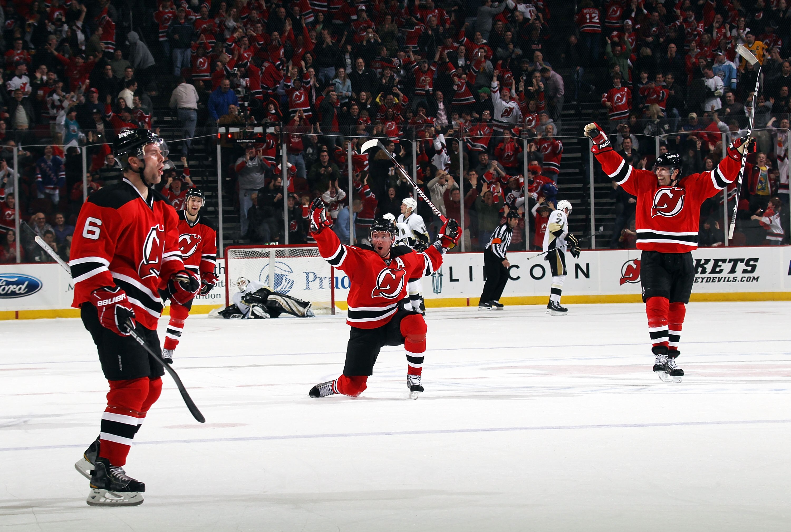 NEWARK, NJ - MARCH 04:  Ilya Kovalchuk #17 of the New Jersey Devils celebrates his game winning goal at 4:35 of overtime against the Pittsburgh Penguins at  at the Prudential Center on March 4, 2011 in Newark, New Jersey.  (Photo by Bruce Bennett/Getty Im