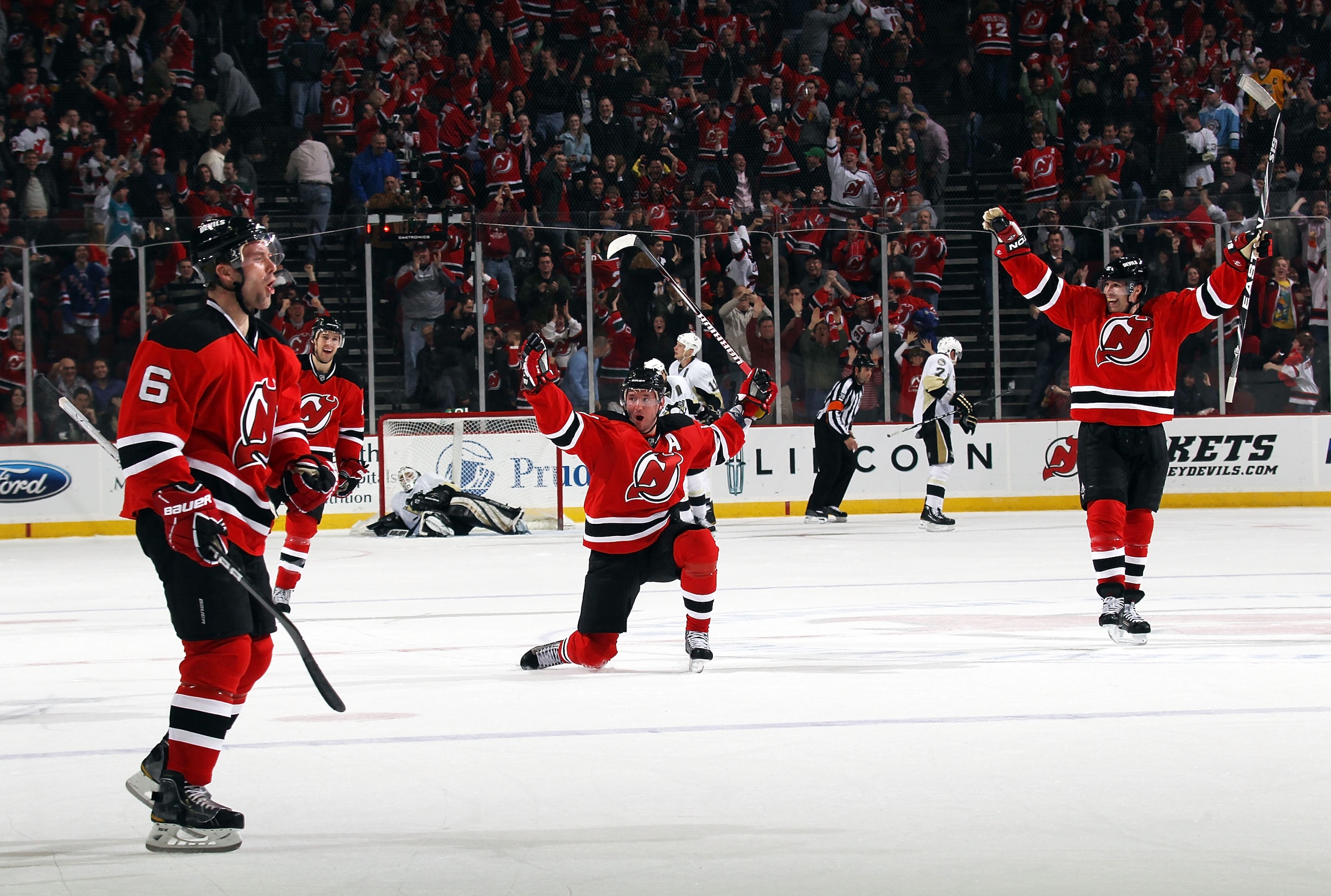 NEWARK, NJ - MARCH 04:  Ilya Kovalchuk #17 of the New Jersey Devils celebrates his game winning goal at 4:35 of overtime against the Pittsburgh Penguins at  at the Prudential Center on March 4, 2011 in Newark, New Jersey.  (Photo by Bruce Bennett/Getty Im