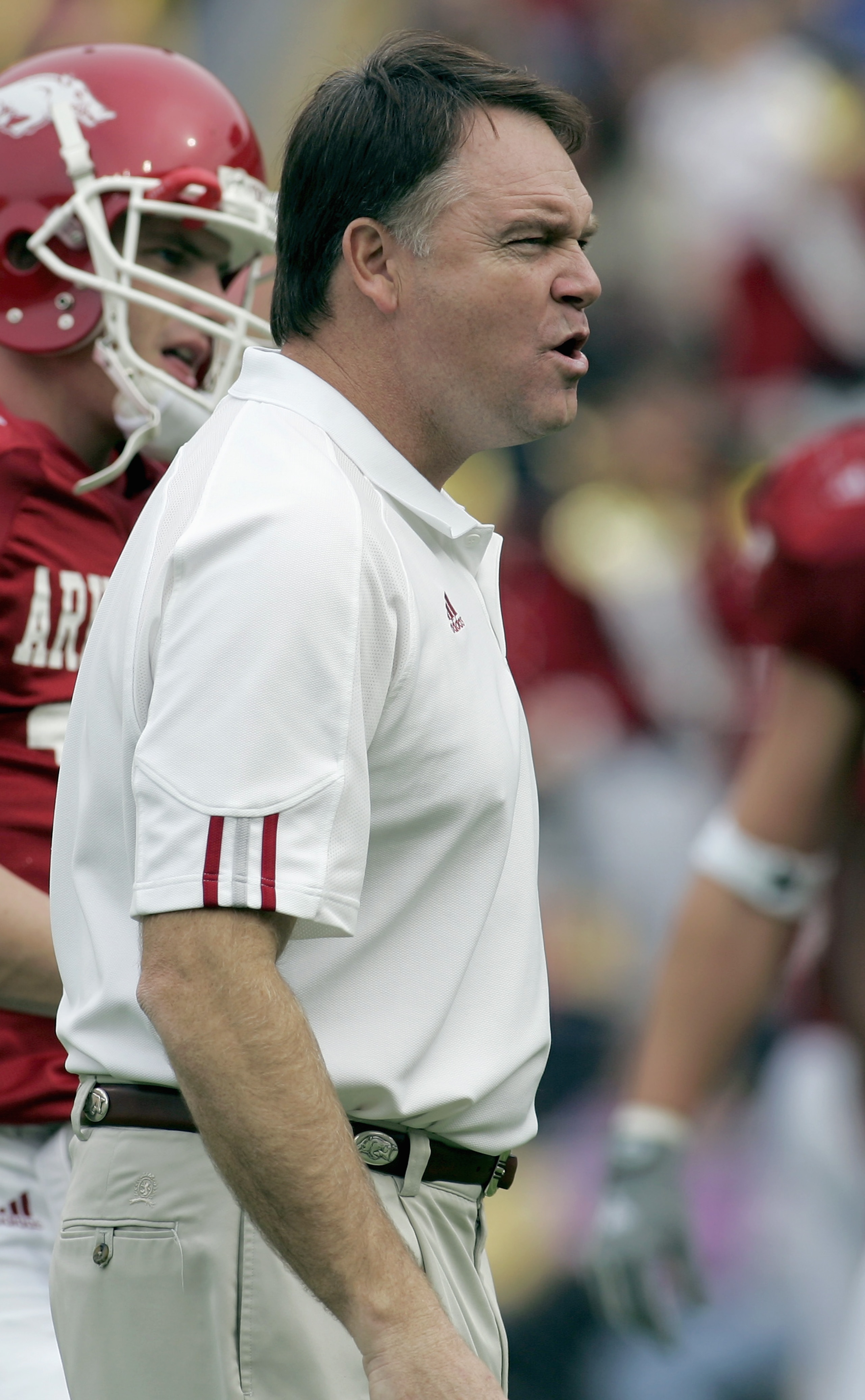 BATON ROUGE, LA - NOVEMBER 25:  Head Coach Houston Nutt of the University of Arkansas Razorbacks watches from the sideline during the game with the Louisiana State University Tigers on November 25, 2005 at Tiger Stadium in Baton Rouge, Louisiana.  The Tig
