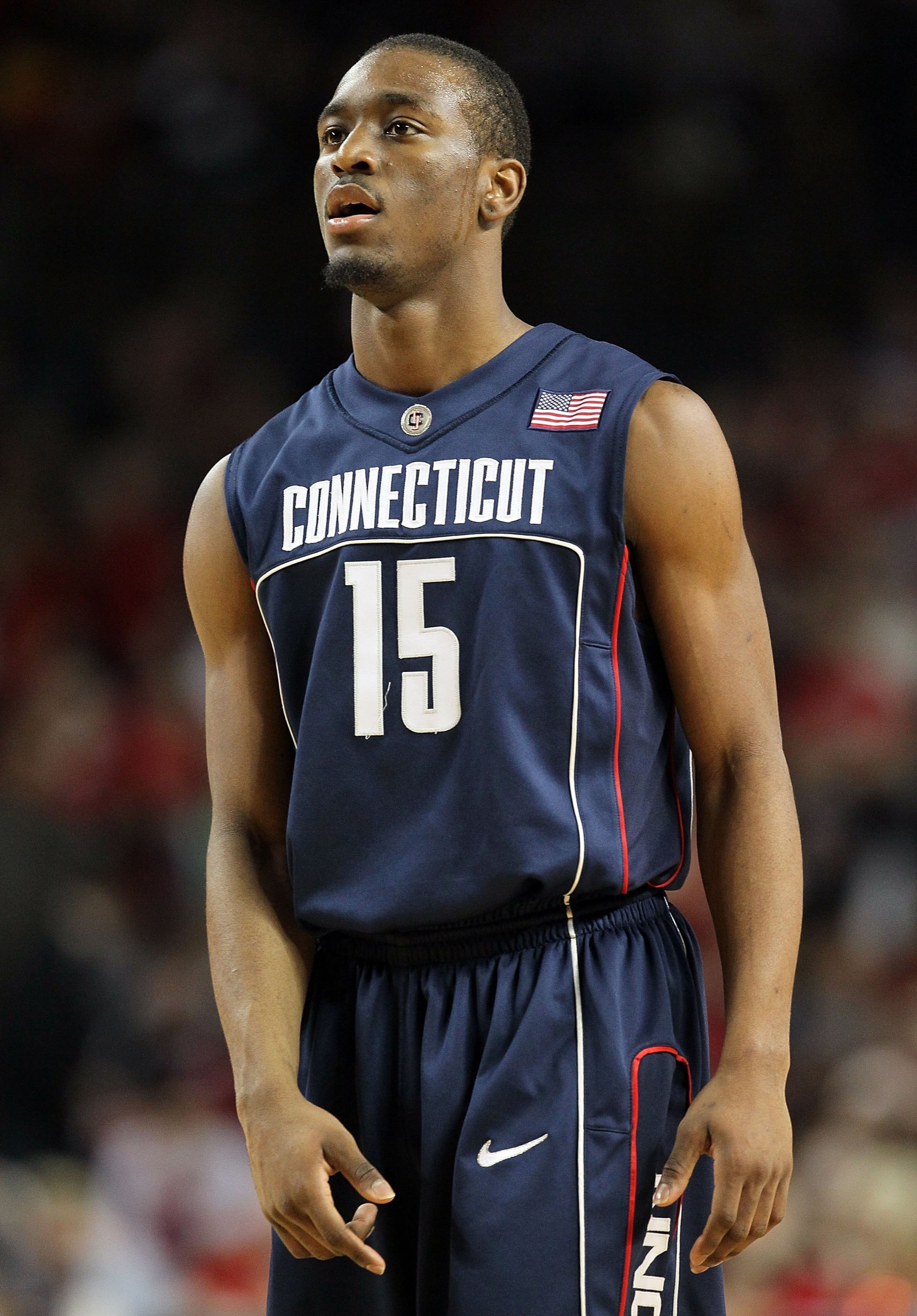 LOUISVILLE, KY - FEBRUARY 01:  Kemba Walker #15 of the Connecticut Huskies looks on during the Big East Conference game against the Louisville Cardinals on February 1, 2010 at Freedom Hall in Louisville, Kentucky.  (Photo by Andy Lyons/Getty Images)
