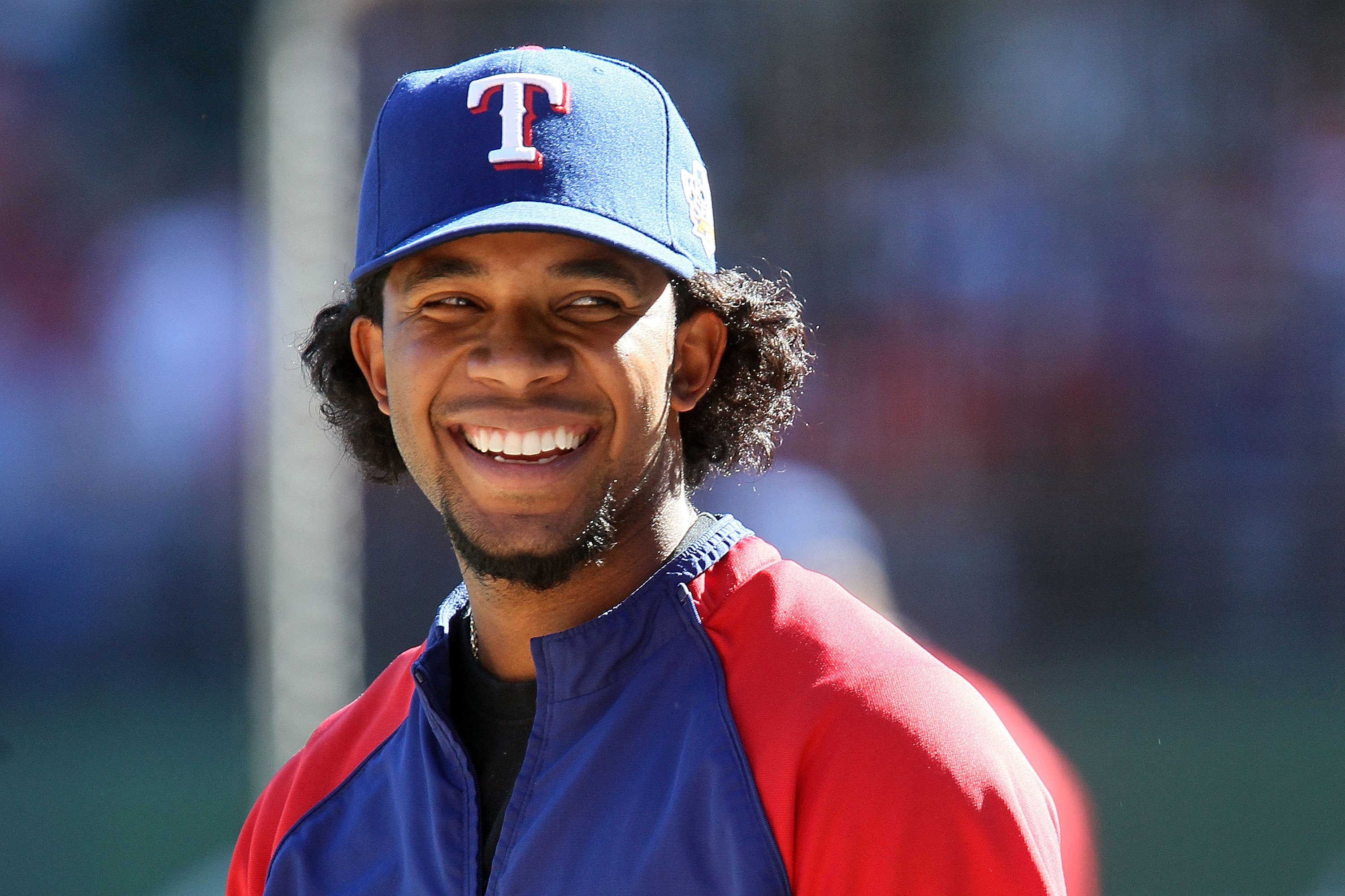 ARLINGTON, TX - OCTOBER 30:  Elvis Andrus #1 of the Texas Rangers looks on during batting practice against the San Francisco Giants in Game Three of the 2010 MLB World Series at Rangers Ballpark in Arlington on October 30, 2010 in Arlington, Texas.  (Phot