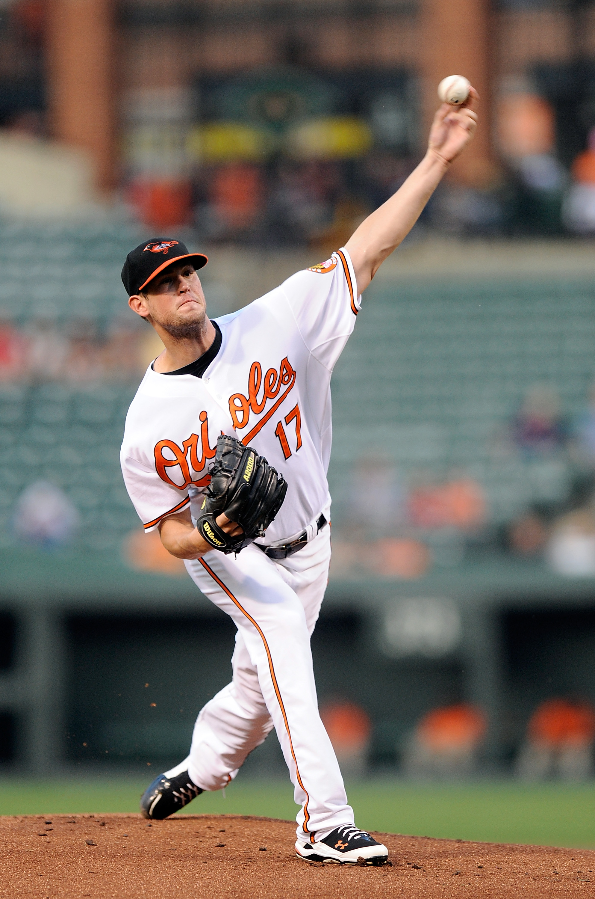 BALTIMORE - AUGUST 31:  Brian Matusz #17 of the Baltimore Orioles pitches against the Boston Red Sox at Camden Yards on August 31, 2010 in Baltimore, Maryland.  (Photo by Greg Fiume/Getty Images)