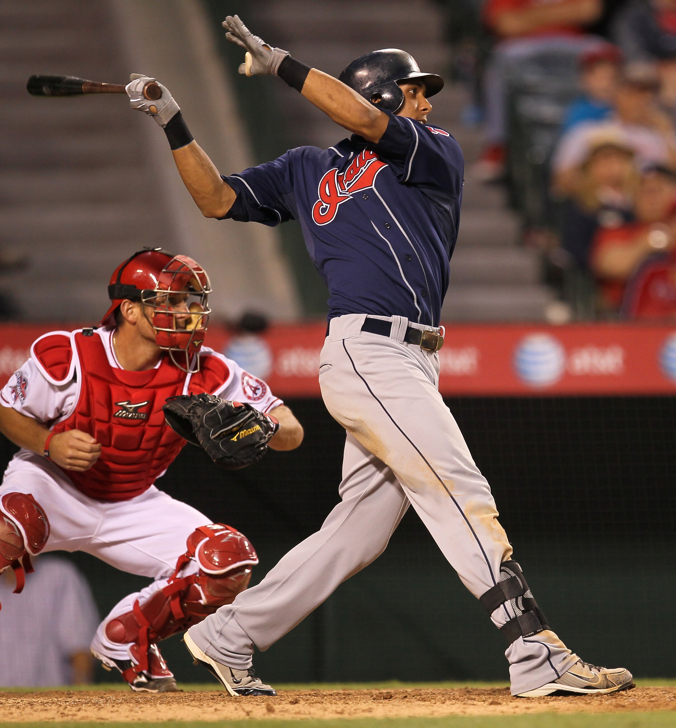 ANAHEIM, CA - SEPTEMBER 08:  Michael Brantley #23 of the Cleveland Indian bats against the Los Angeles Angels of Anaheim on September 8, 2010 at Angel Stadium in Anaheim, California.   The Angels won 4-3 in 16 innings.  (Photo by Stephen Dunn/Getty Images