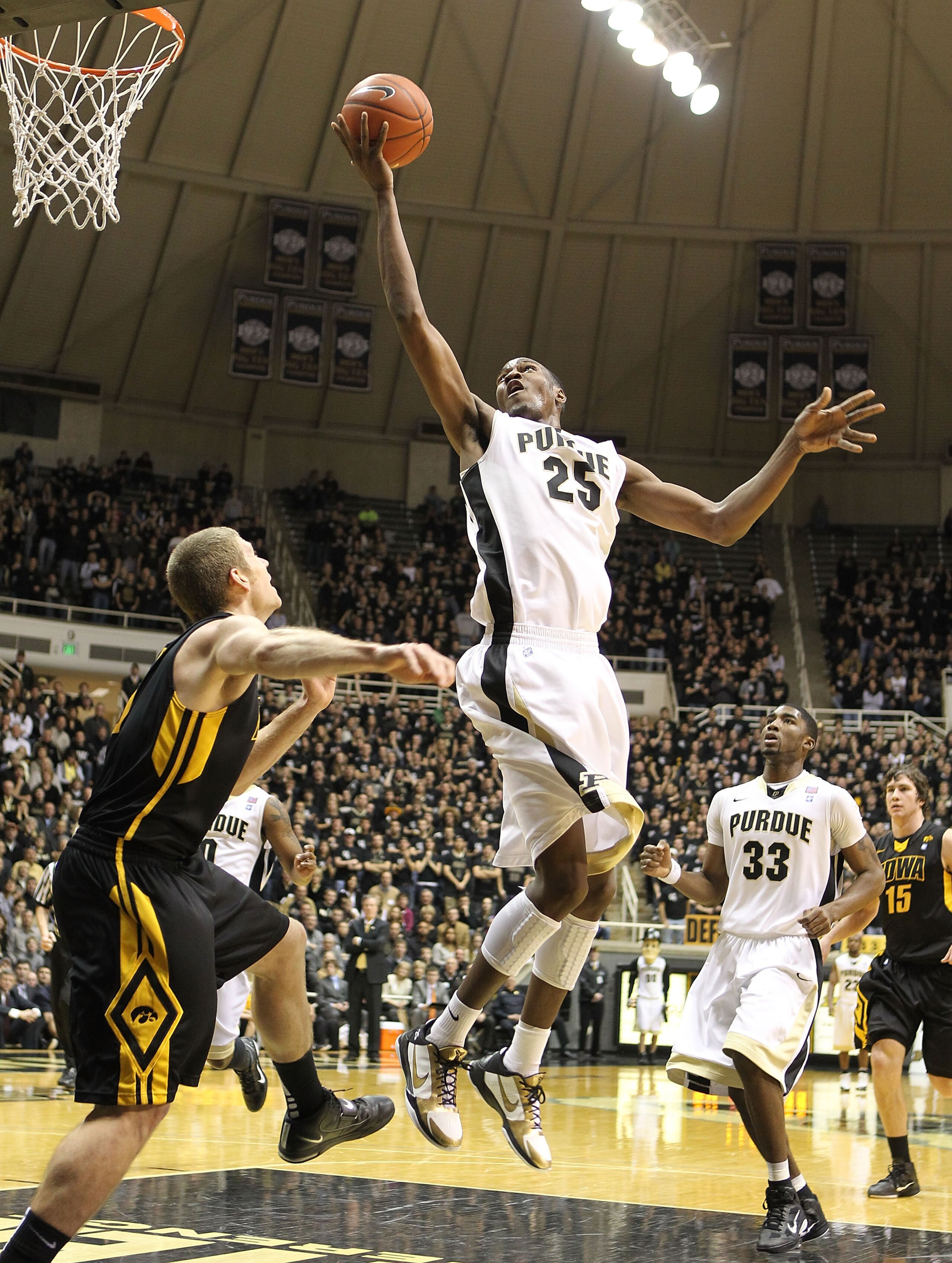 WEST LAFAYETTE, IN - JANUARY 09:  JaJuan Johnson #25 of the Purdue Boilermakers shoots the ball during the Big Ten Conference game against the Iowa Hawkeyes at Mackey Arena on January 9, 2011 in West Lafayette, Indiana.  Purdue won 75-52.  (Photo by Andy