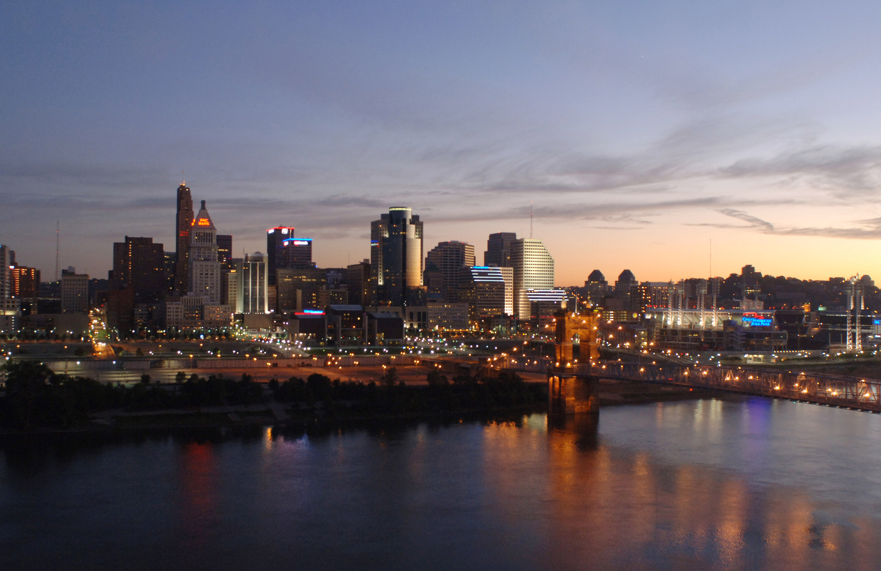 A view of downtown Cincinnati at sunrise before the Bengals played the Indianapolis Colts in a preseason game, Sept. 2, 2005 in Cincinnati, Ohio. The Bengals defeated the Colts 38-0. (Photo by Al Messerschmidt/Getty Images)