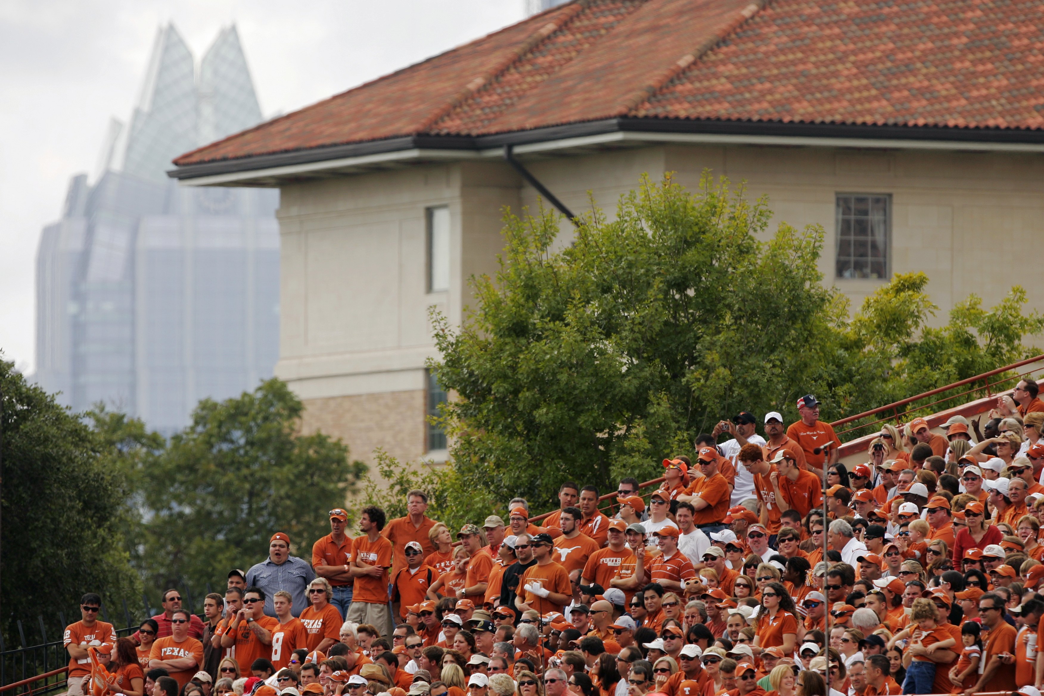 AUSTIN, TX - NOVEMBER 07: A view of the Bank of American building in downtown Austin as Texas Longhorns fans watch a game against the UCF Knights on November 7, 2009 at Darrell K Royal - Texas Memorial Stadium in Austin, Texas. Texas won 35-3. (Photo b