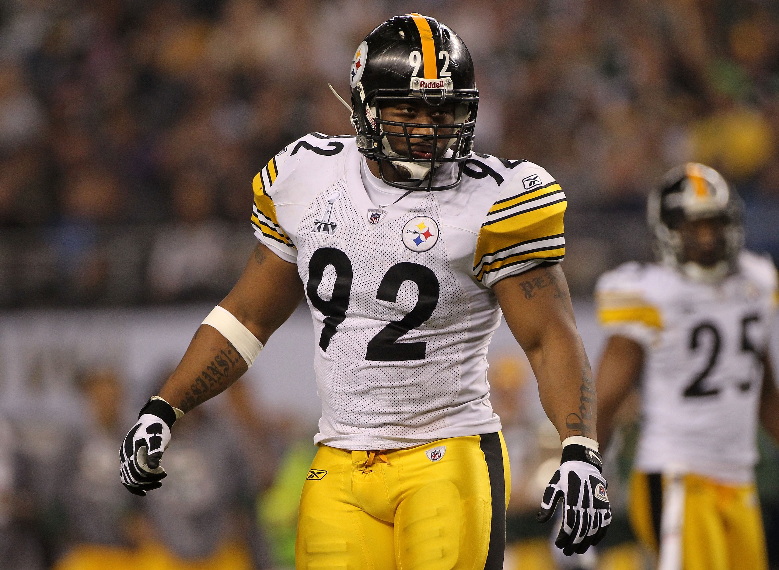 ARLINGTON, TX - FEBRUARY 06:  James Harrison #92 of the Pittsburgh Steelers looks on as the Steelers take on the Green Bay Packers during Super Bowl XLV at Cowboys Stadium on February 6, 2011 in Arlington, Texas.  (Photo by Doug Pensinger/Getty Images)