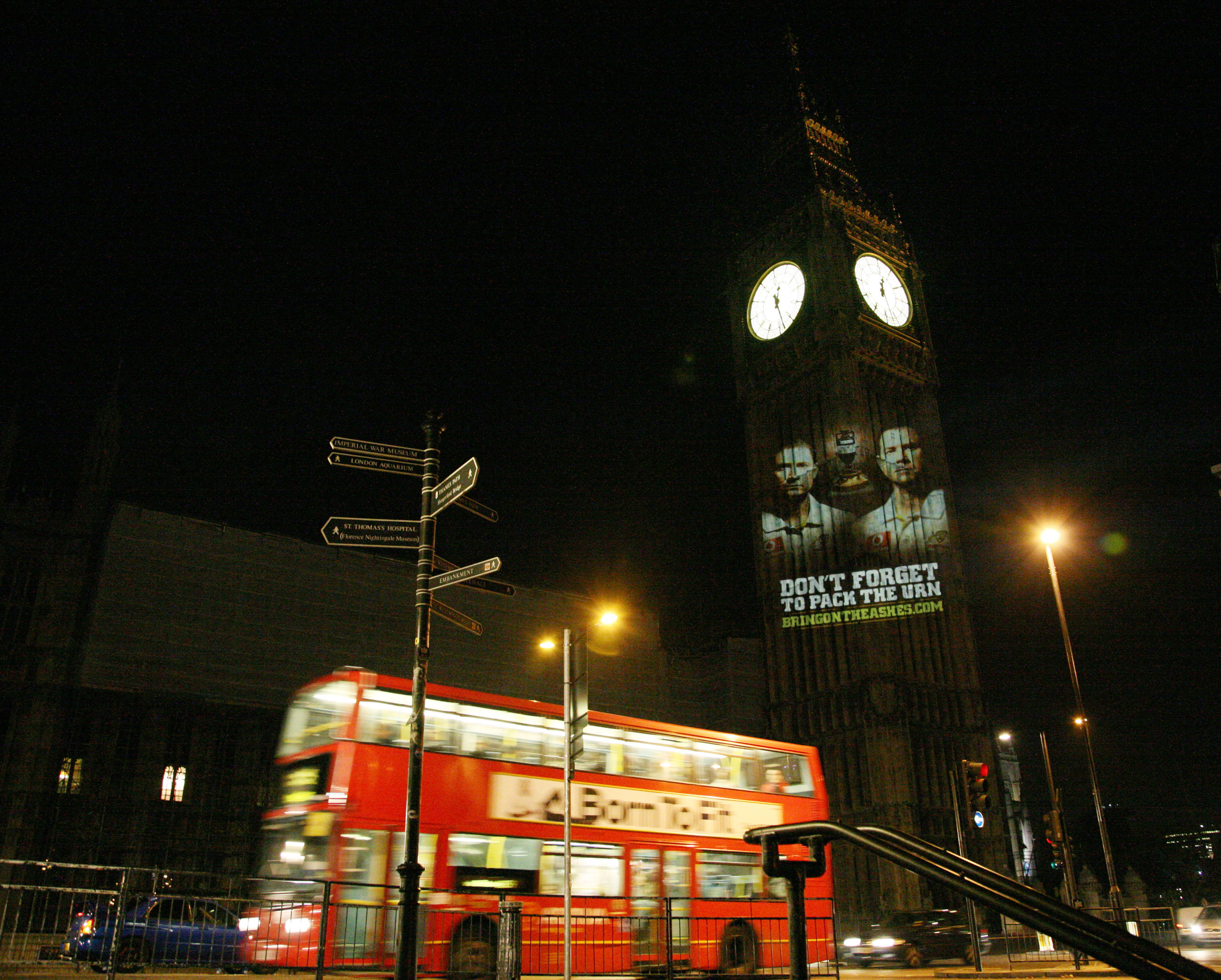 LONDON, ENGLAND - OCTOBER 28: In this handout photo provided by Cricket Australia an image of Australian Test cricket captain Ricky Ponting and Vice Captain Michael Clarke is projected onto the Big Ben clock tower at the Palace of Westminster on October 2
