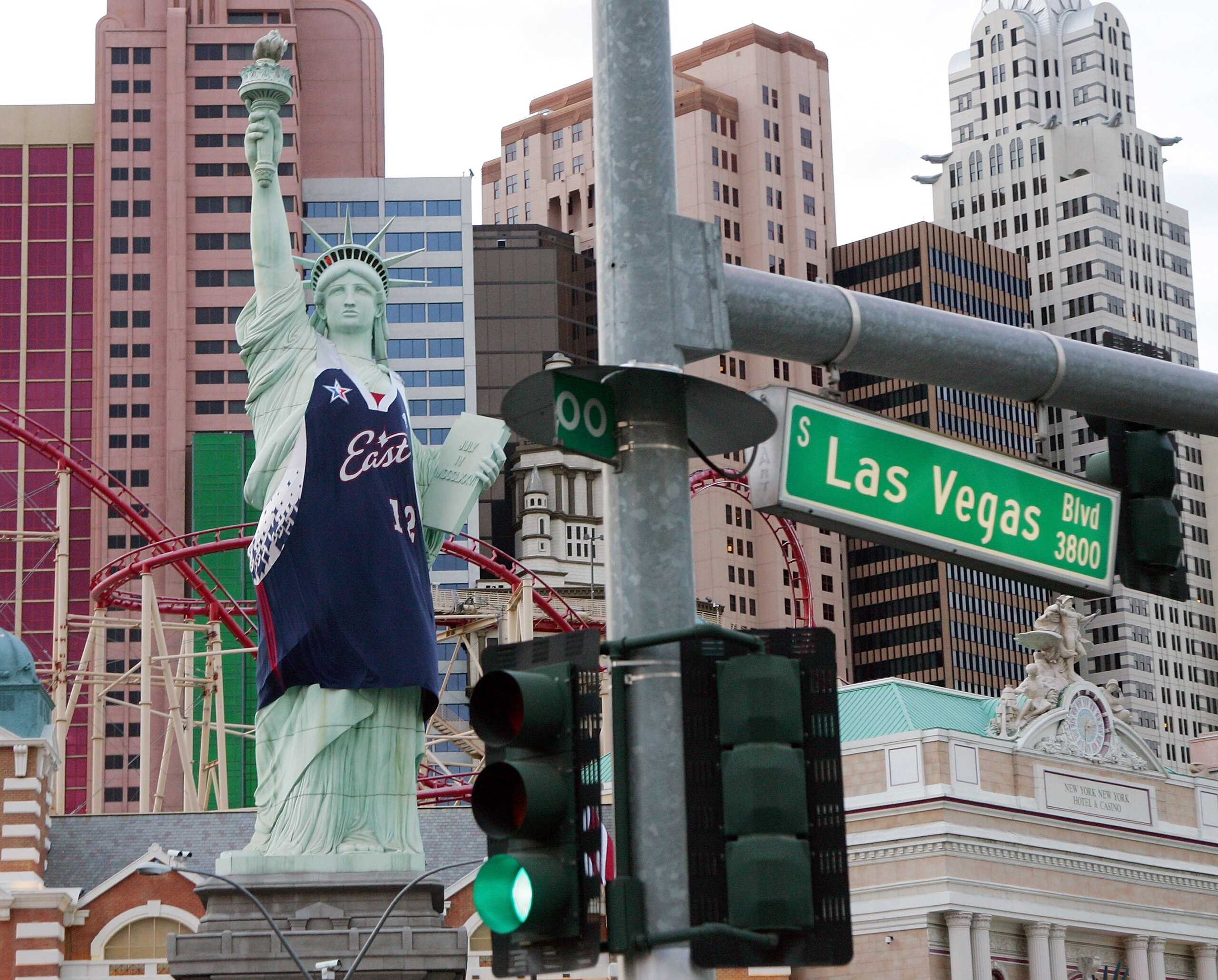 LAS VEGAS - FEBRUARY 13:  An adidas 2007 NBA All-Star jersey is draped on the half-size replica of the Statue of Liberty outside the New York-New York Hotel & Casino February 13, 2007 in Las Vegas, Nevada.The jersey is an exact replica of the one that wil