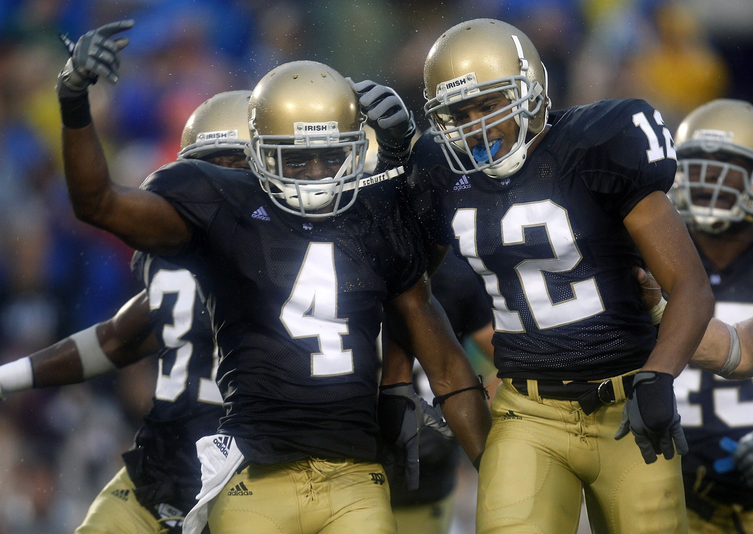 SOUTH BEND, IN - SEPTEMBER 13:  Gary Gray #4 of the Notre Dame Fighting Irish is congratulated by Robert Blanton #12 after a fourth quarter interception while playing the Michigan Wolverines on September 13, 2008 at Notre Dame Stadium in South Bend, India
