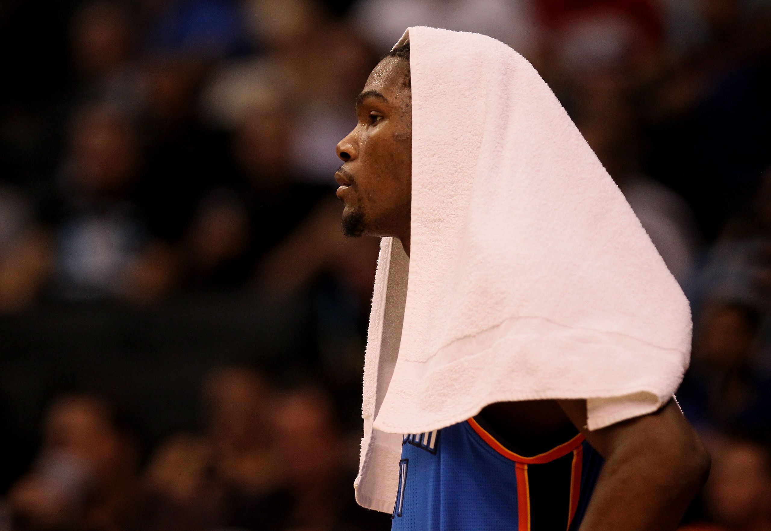 LOS ANGELES - NOVEMBER 3:  Kevin Durant #35 of the Oklahoma City Thunder looks on from the bench during the game with the Los Angeles Clippers at Staples Center on November 3, 2010 in Los Angeles, California.  The Clippers won 107-92.  NOTE TO USER: User