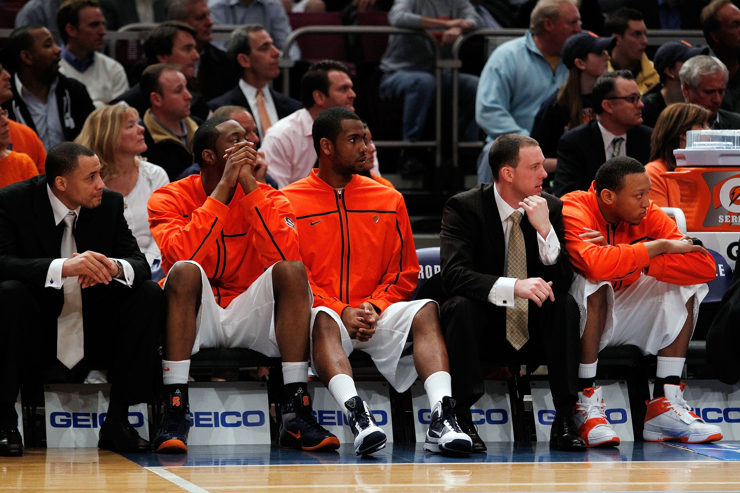 NEW YORK - MARCH 11: The Syracuse Orange bench looks on late in the game against the Georgetown Hoyas during the quarterfinal of the 2010 NCAA Big East Tournament at Madison Square Garden on March 11, 2010 in New York City.  (Photo by Michael Heiman/Getty