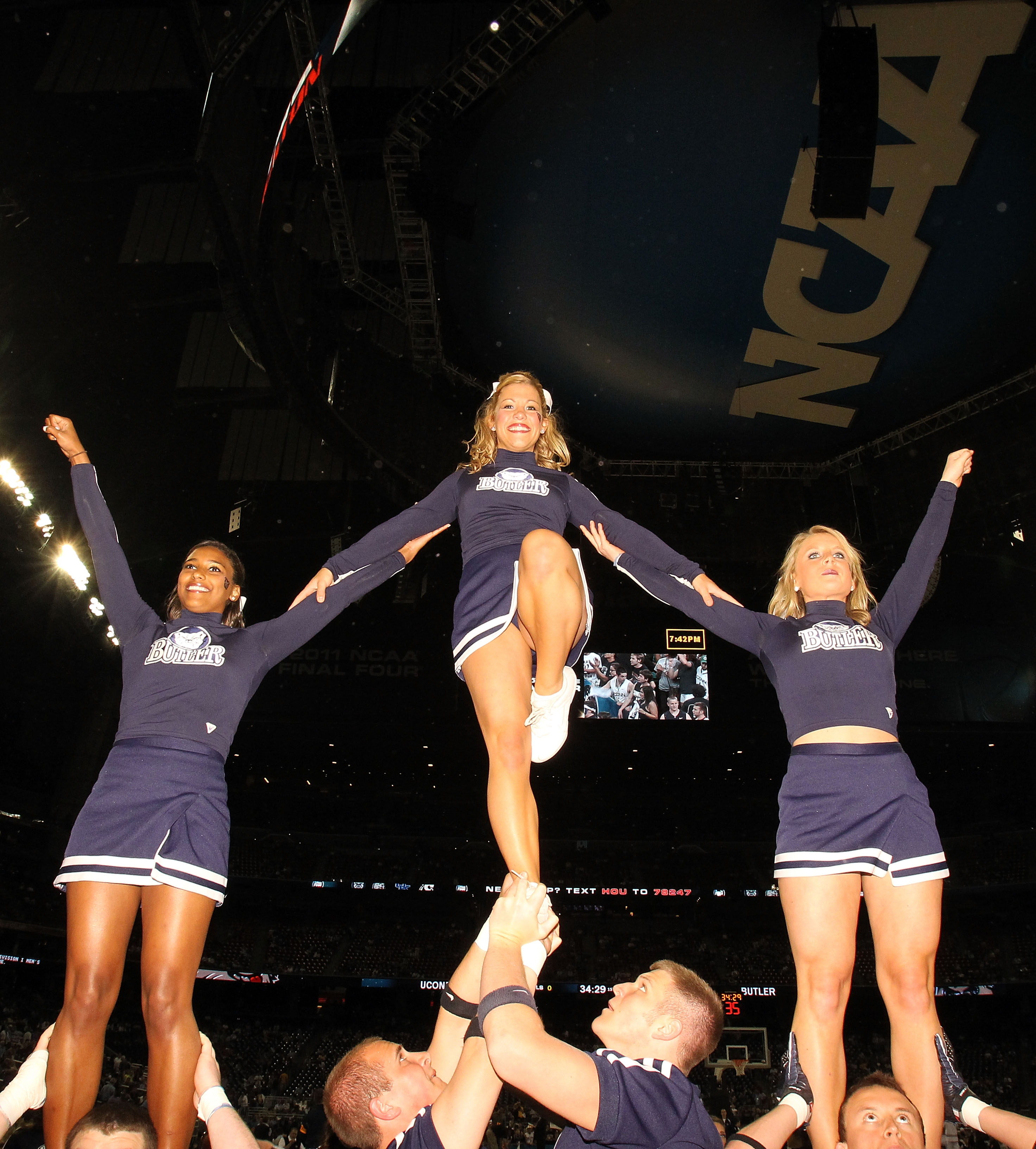 HOUSTON, TX - APRIL 04:  The Butler Bulldogs cheerleaders perform during a break in the game against the Connecticut Huskies during the National Championship Game of the 2011 NCAA Division I Men's Basketball Tournament at Reliant Stadium on April 4, 2011