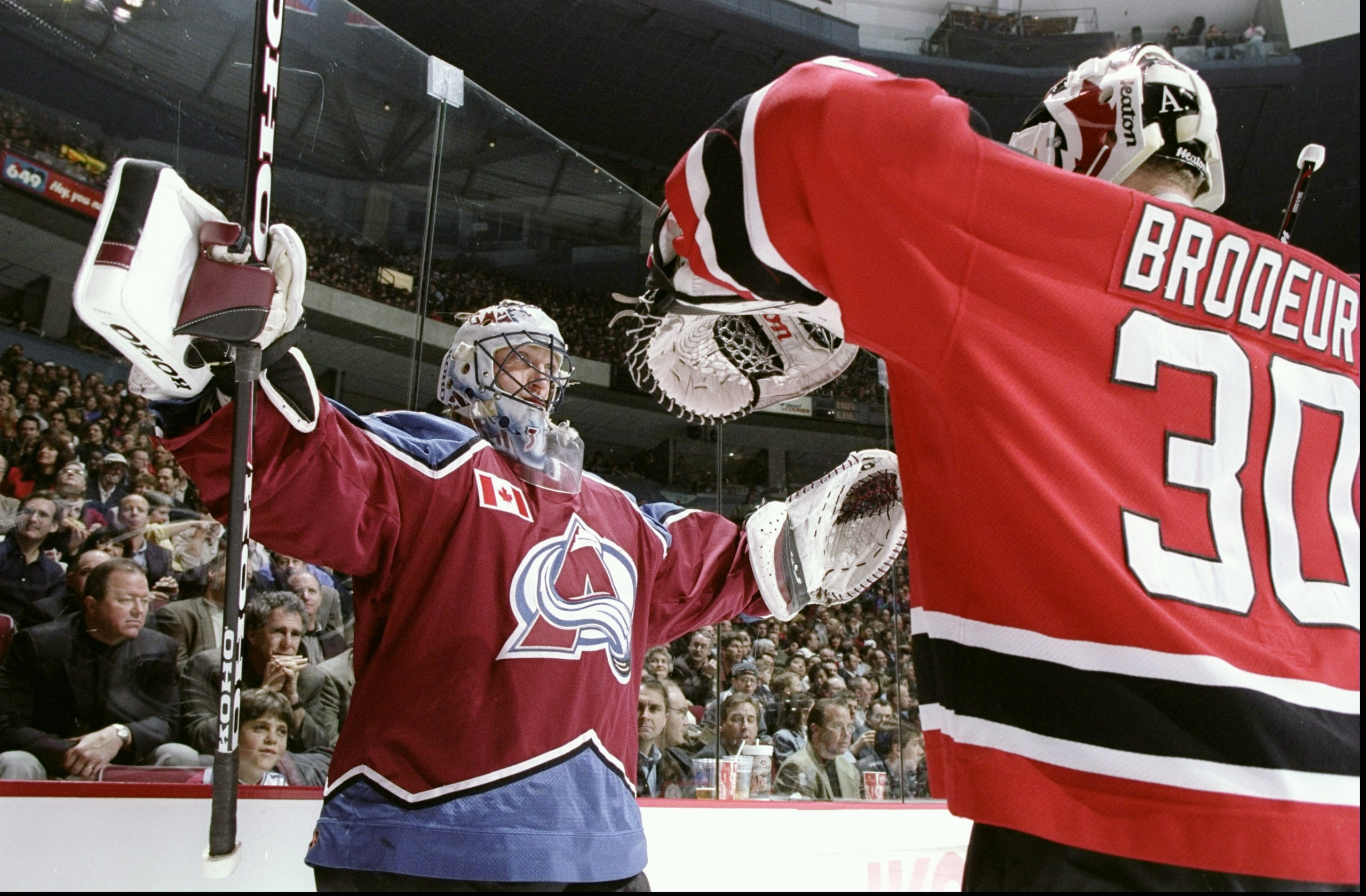 17 Jan 1998:  Patrick Roy #33 of the Colorado Avalanche and Martin Brodeur of the Chicago Blackhawks during the skills competition during NHL All-Star Weekend at General Motors Palace in Vancouver, Canada. Mandatory Credit: Robert Laberge  /Allsport