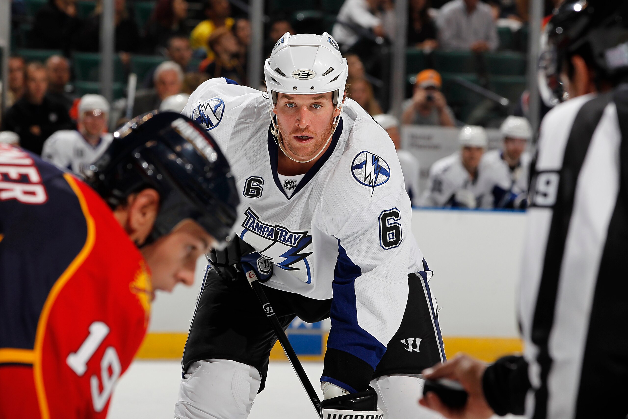 SUNRISE, FL - OCTOBER 1: Ryan Malone #6 of the Tampa Bay Lightning waits for a face off against the Florida Panthers during a pre season game on October 1, 2010 at the BankAtlantic Center in Sunrise, Florida. The Lightning defeated the Panthers 2-1 in ove