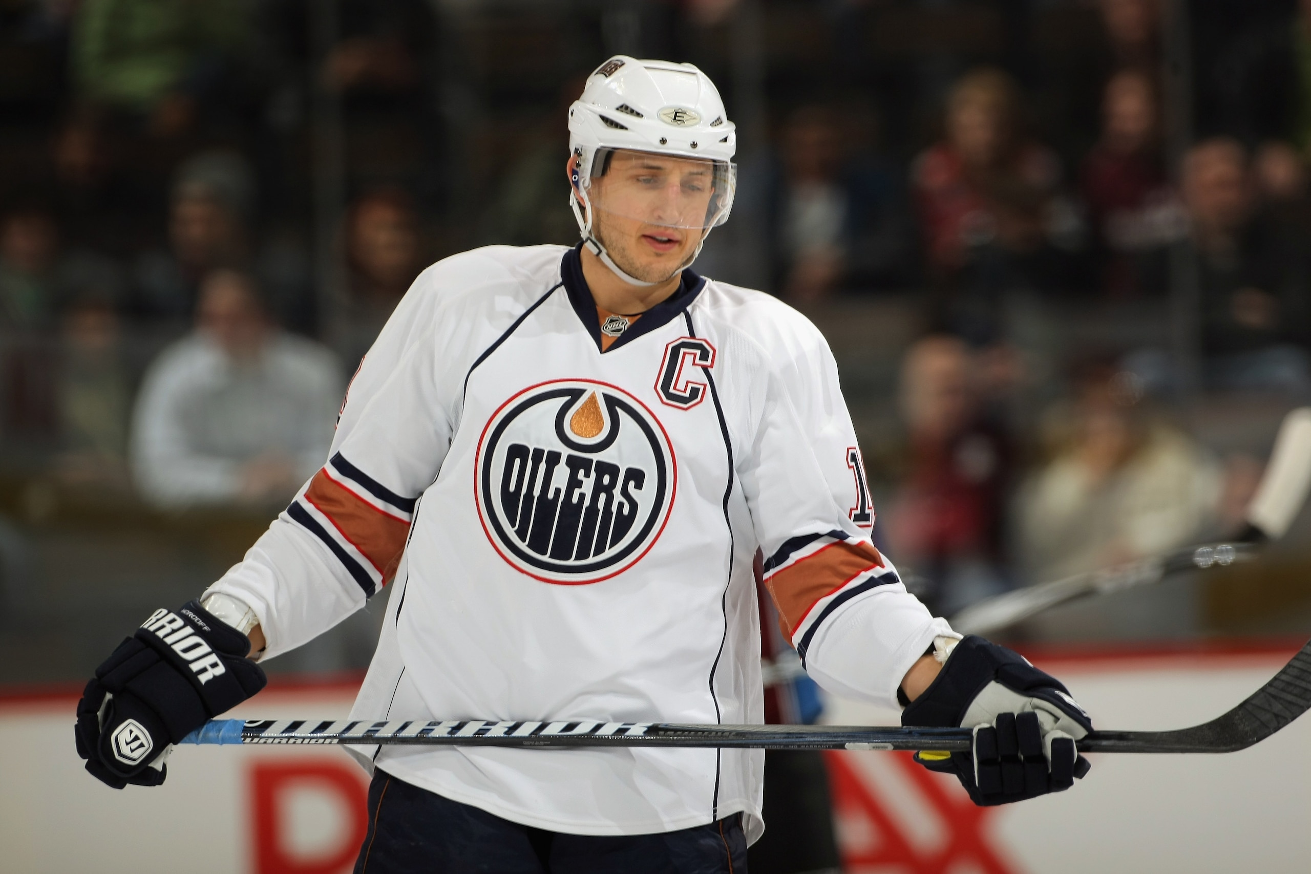 DENVER, CO - FEBRUARY 23:  Shawn Horcoff #10 of the Edmonton Oilers looks on as he skates against the Colorado Avalanche at the Pepsi Center on February 23, 2011 in Denver, Colorado. Elliott collected the loss as the Oilers defeated the Avlanche 5-1.  (Ph