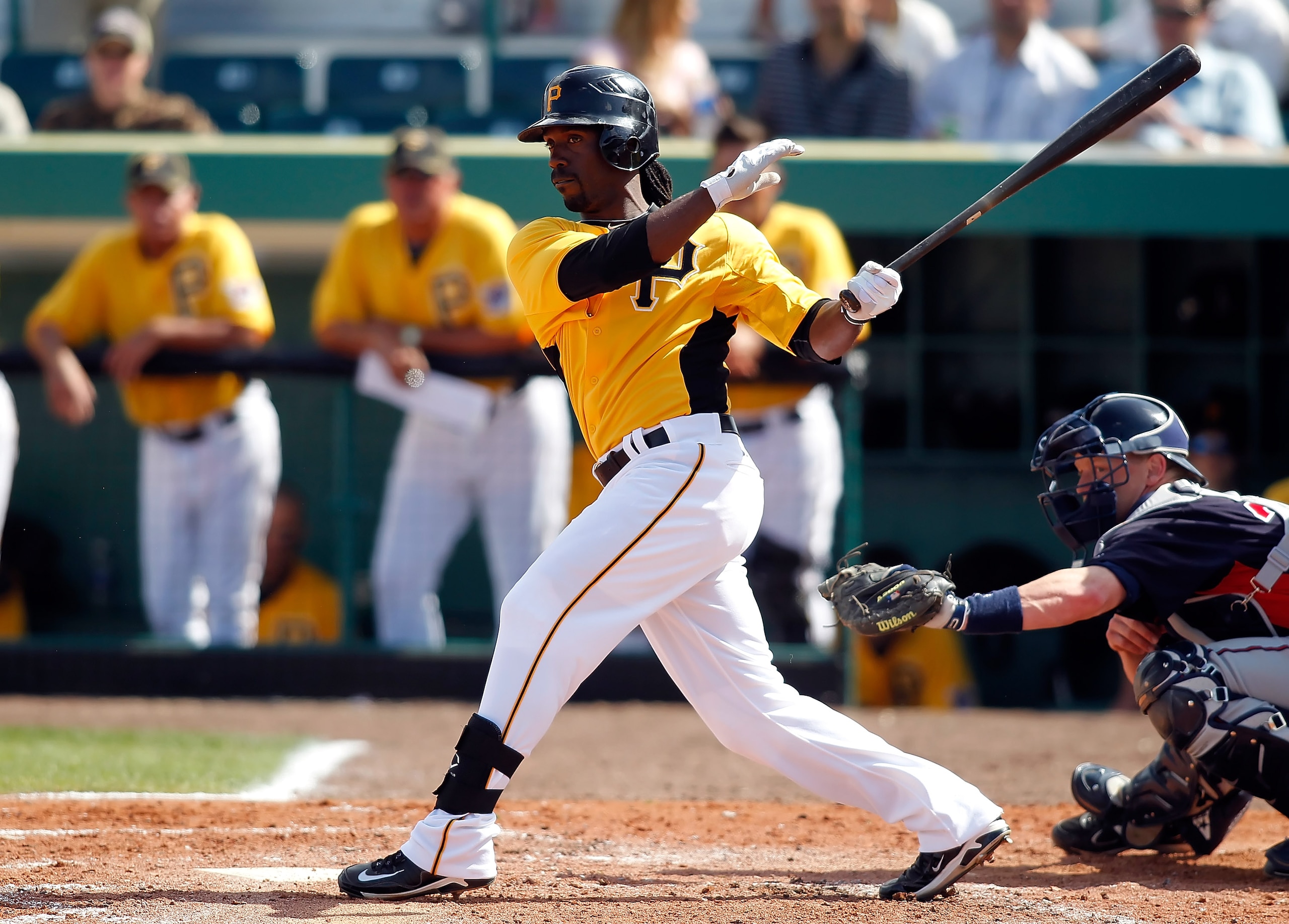 BRADENTON, FL - MARCH 02:  Outfielder Andrew McCutchen #22 of the Pittsburgh Pirates fouls off a pitch against the Minnesota Twins during a Grapefruit League Spring Training Game at McKechnie Field on March 2, 2011 in Bradenton, Florida.  (Photo by J. Mer
