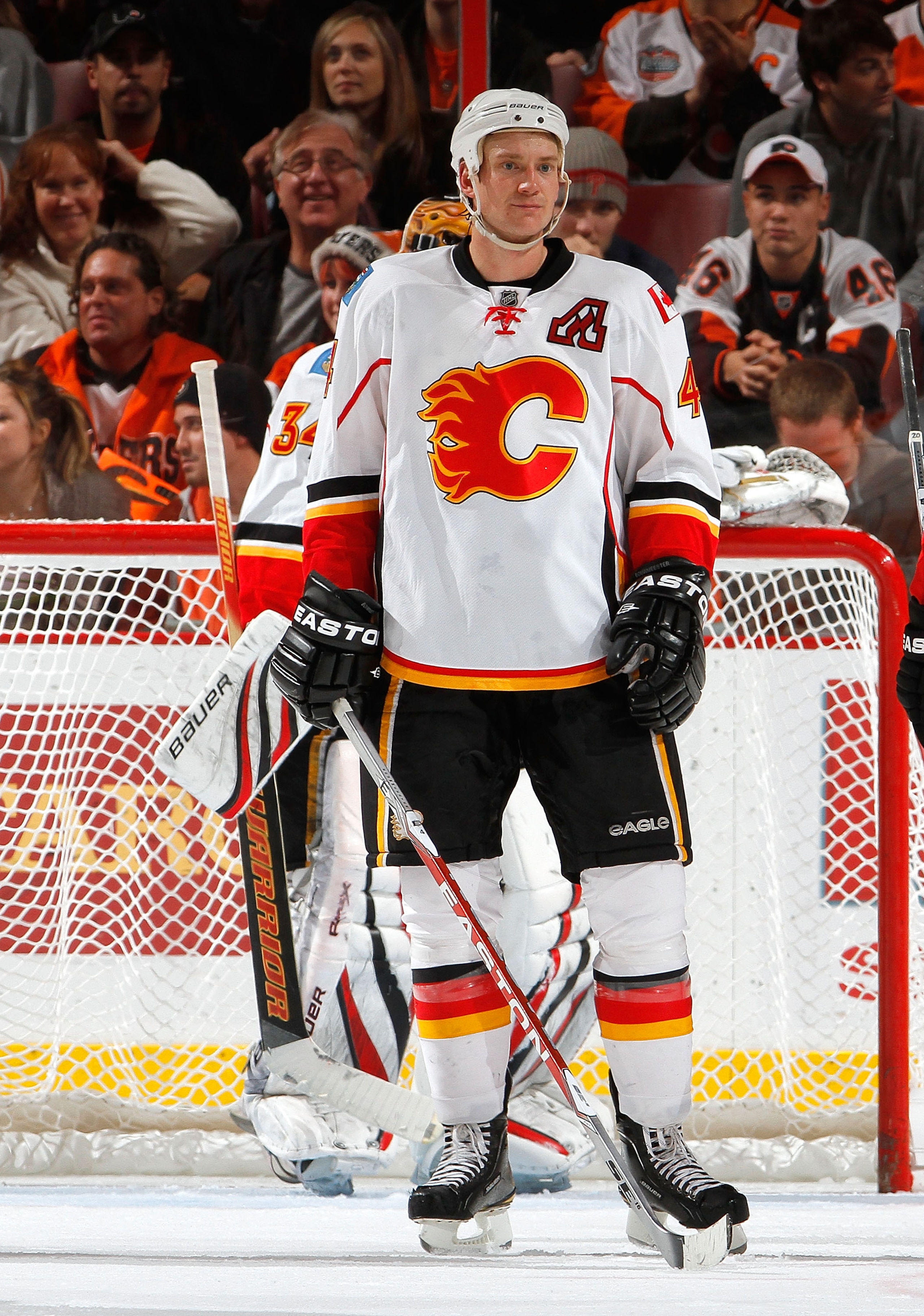 PHILADELPHIA - NOVEMBER 26:  Jay Bouwmeester #4 of the Calgary Flames stands in front of the goal during a hockey game against the Philadelphia Flyers at the Wells Fargo Center on November 26, 2010 in Philadelphia, Pennsylvania.  The Flames won 3-2. (Phot
