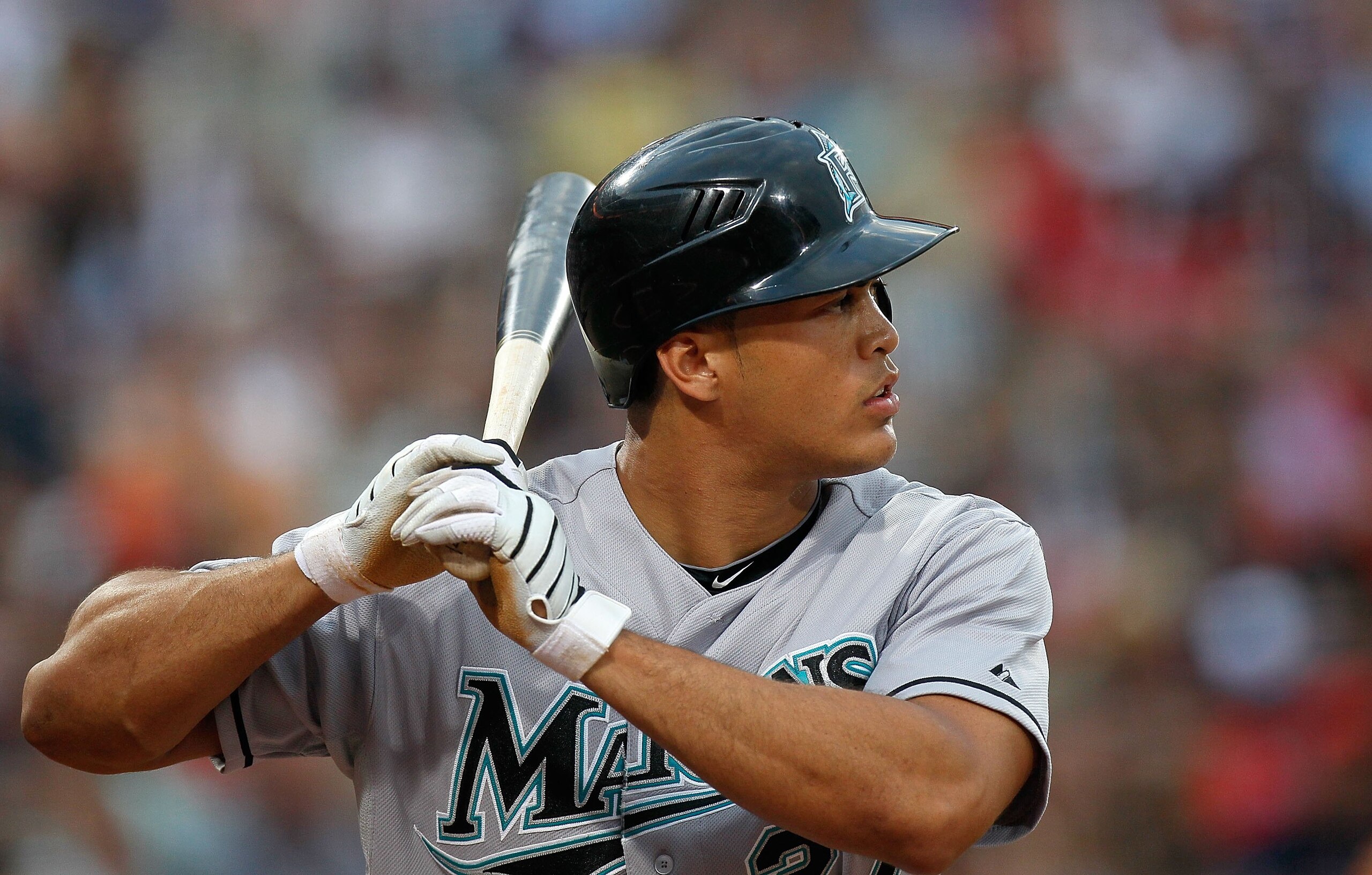 ATLANTA - JULY 02:  Mike Stanton #27 of the Florida Marlins against the Atlanta Braves at Turner Field on July 2, 2010 in Atlanta, Georgia.  (Photo by Kevin C. Cox/Getty Images)