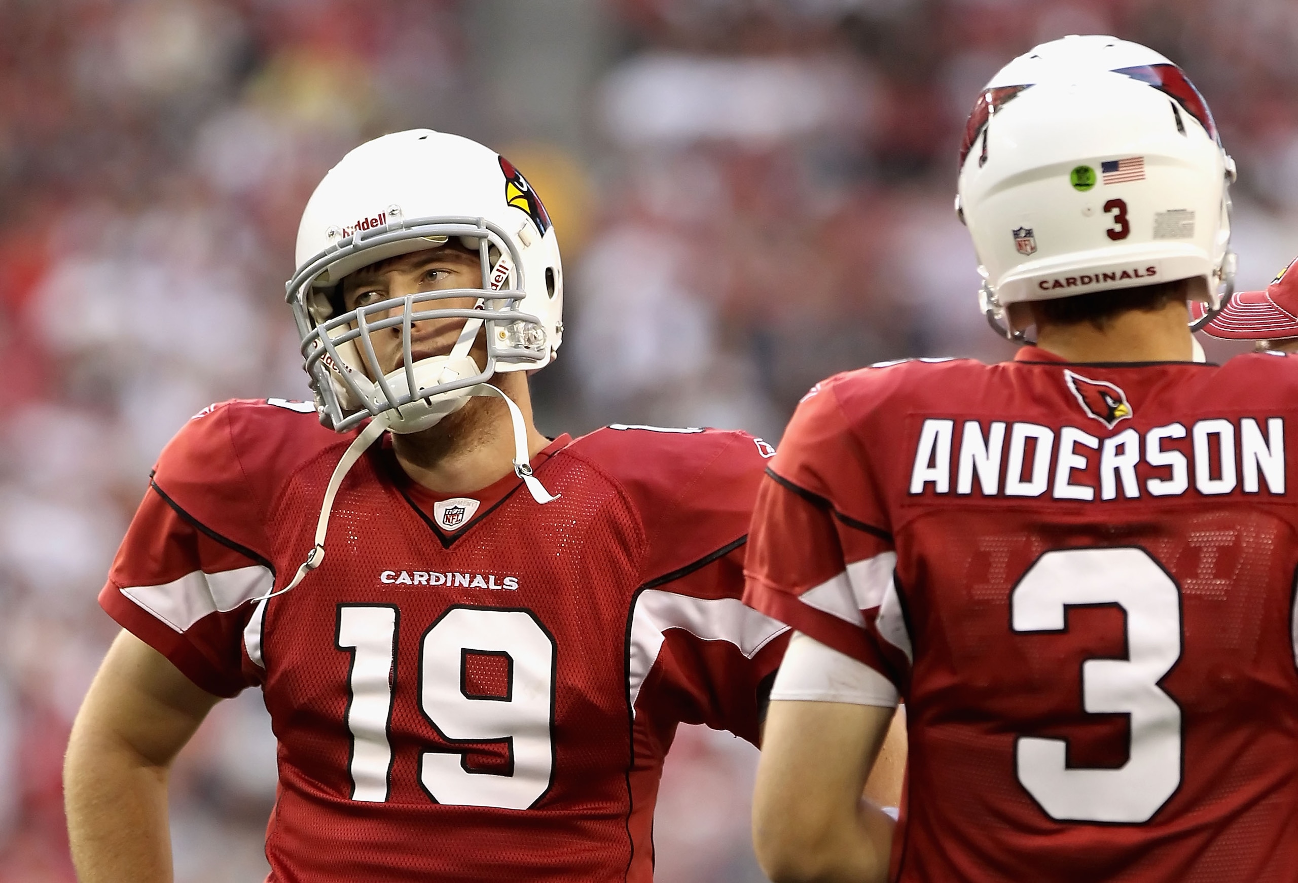 GLENDALE, AZ - DECEMBER 05: Quarterback John Skelton #19 of the Arizona Cardinals talks with Derek Anderson #3 on the sidelines during the NFL game against the St. Louis Rams at the University of Phoenix Stadium on December 5, 2010 in Glendale, Arizona. GLENDALE, AZ - DECEMBER 05: Quarterback John Skelton #19 of the Arizona Cardinals talks with Derek Anderson #3 on the sidelines during the NFL game against the St. Louis Rams at the University of Phoenix Stadium on December 5, 2010 in Glendale, Arizona.