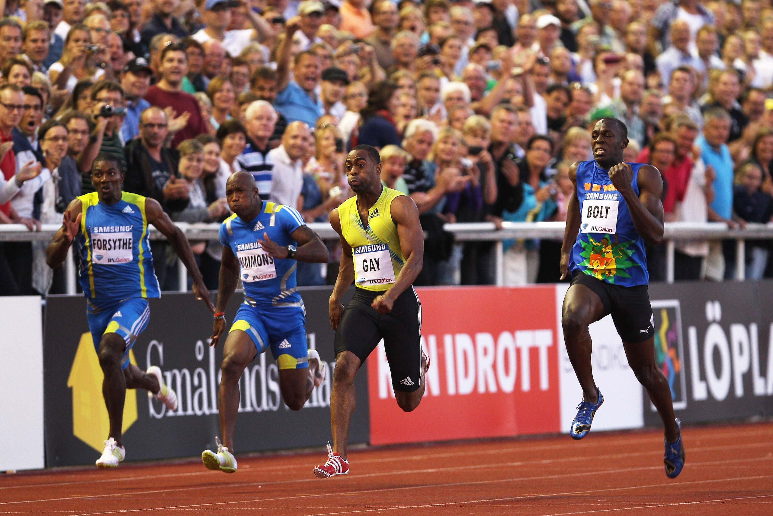 STOCKHOLM, SWEDEN - AUGUST 06:  Tyson Gay (2nd r) of USA wins the men's 100m from Usain Bolt (r) of Jamaica during the IAAF Diamond League meeting at the Olympic Stadium on August 6, 2010 in Stockholm, Sweden.  (Photo by Michael Steele/Getty Images)