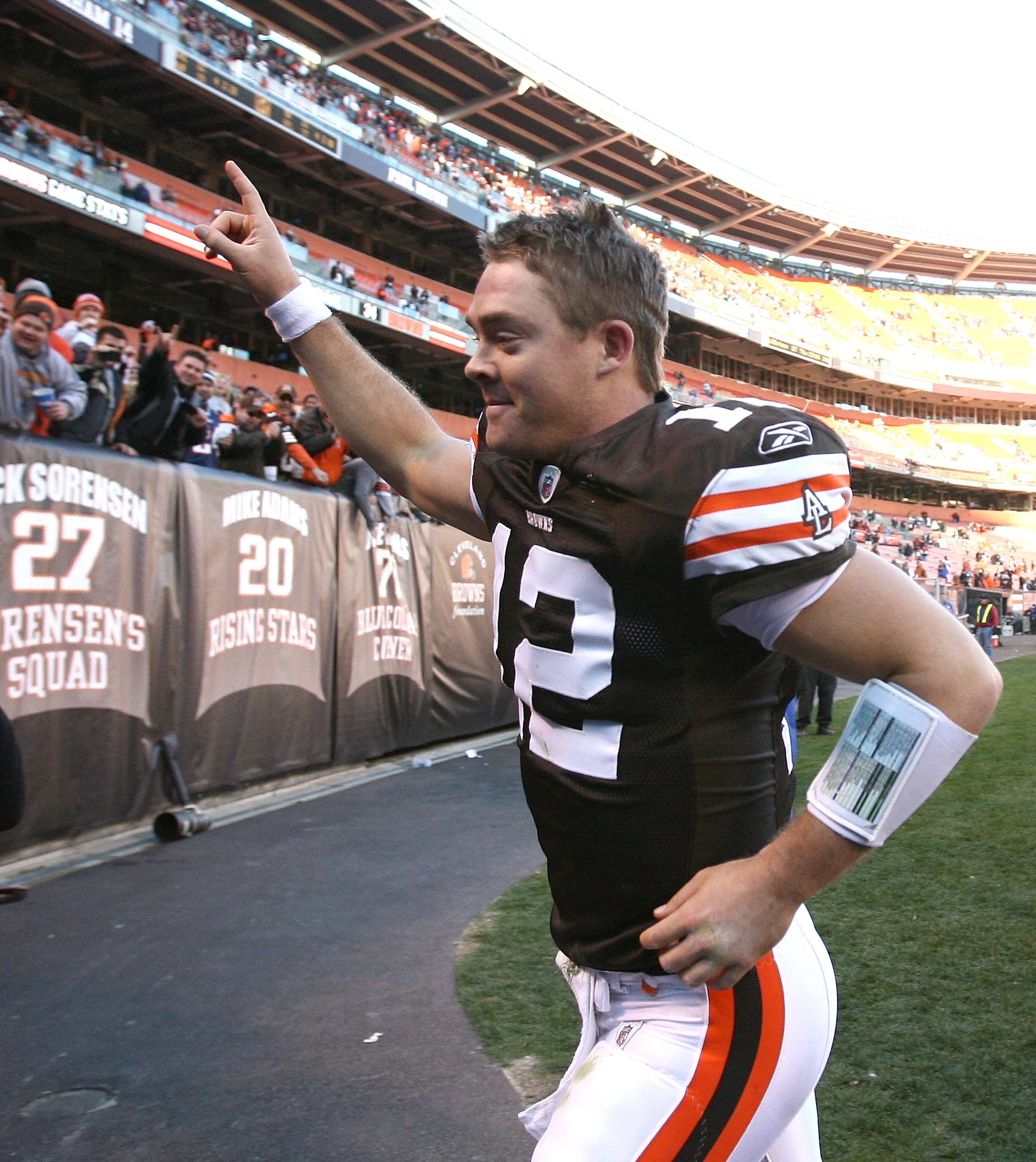 CLEVELAND - NOVEMBER 07: Quarterback Colt McCoy #12 of the Cleveland Browns leaves the field after their victory over the New England Patriots at Cleveland Browns Stadium on November 7, 2010 in Cleveland, Ohio. (Photo by Matt Sullivan/Getty Images) CLEVELAND - NOVEMBER 07: Quarterback Colt McCoy #12 of the Cleveland Browns leaves the field after their victory over the New England Patriots at Cleveland Browns Stadium on November 7, 2010 in Cleveland, Ohio. (Photo by Matt Sullivan/Getty Images)