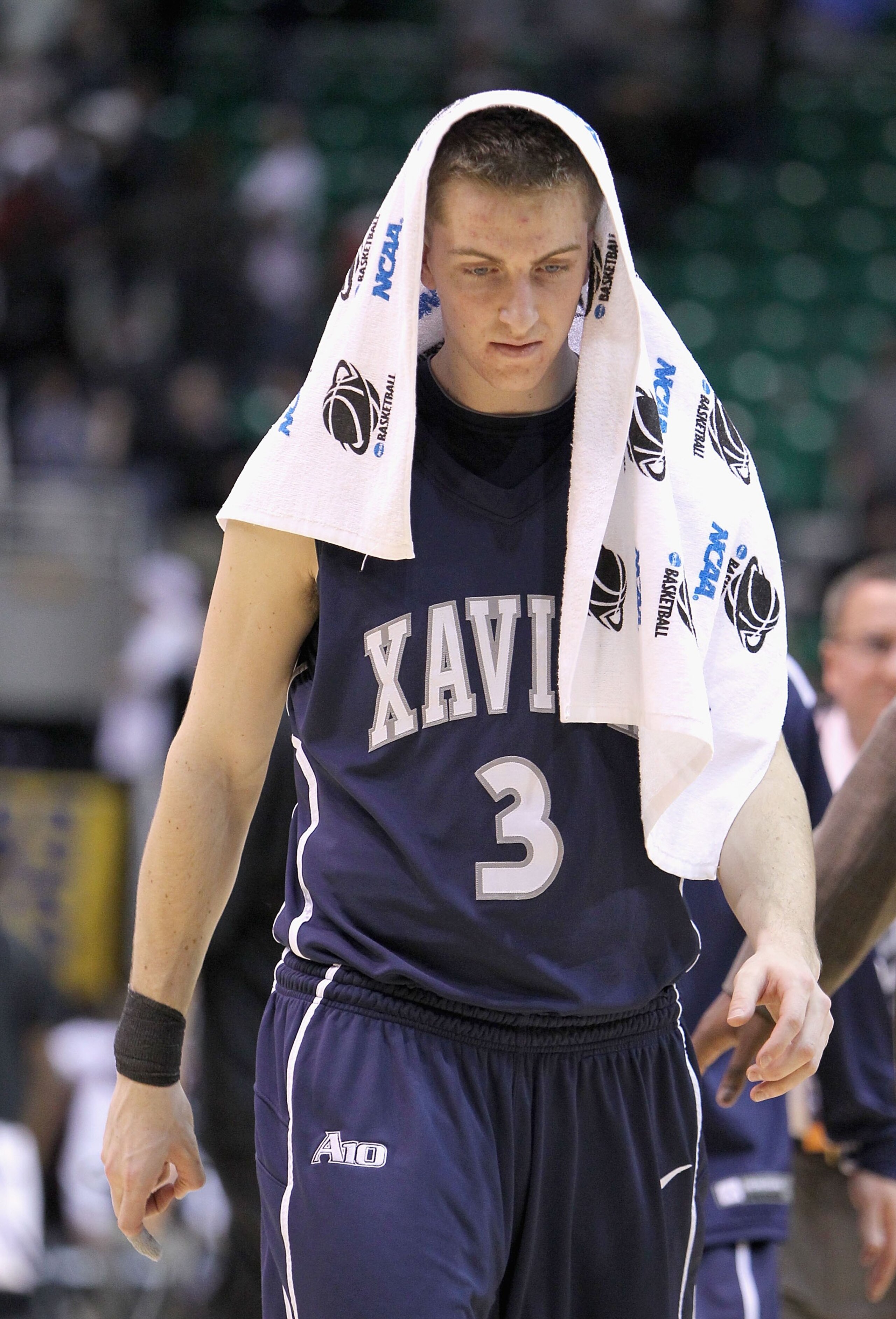 SALT LAKE CITY - MARCH 25:  Brian Walsh #3 of the Xavier Musketeers reacts after being defeated by the Kansas State Wildcats during the west regional semifinal of the 2010 NCAA men's basketball tournament at the Energy Solutions Arena on March 25, 2010 in