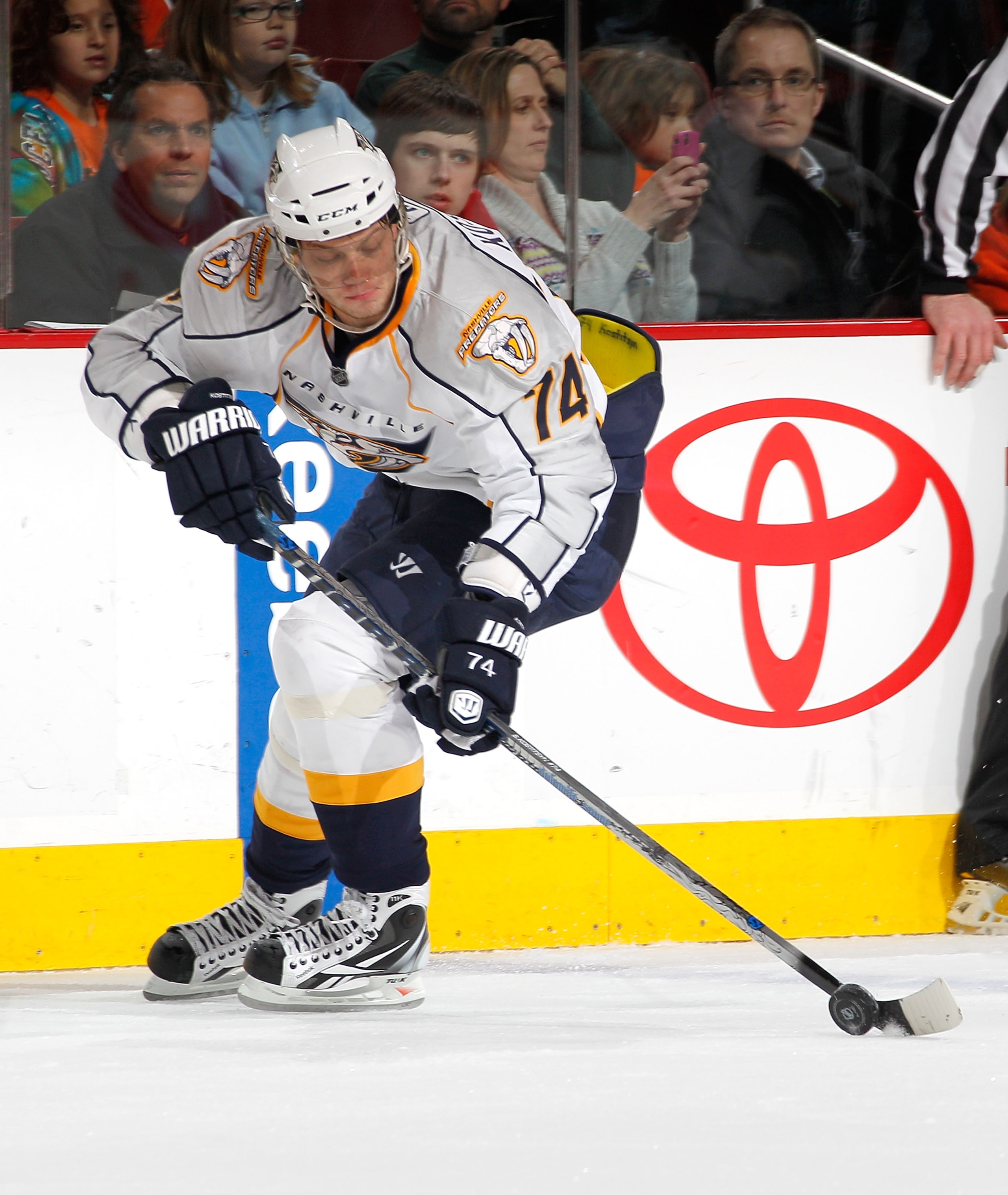 PHILADELPHIA, PA - FEBRUARY 03: Sergei Kostitsyn #74 of the Nashville Predators skates during an NHL hockey game against the Philadelphia Flyers at the Wells Fargo Center on February 3, 2011 in Philadelphia, Pennsylvania.  (Photo by Paul Bereswill/Getty I