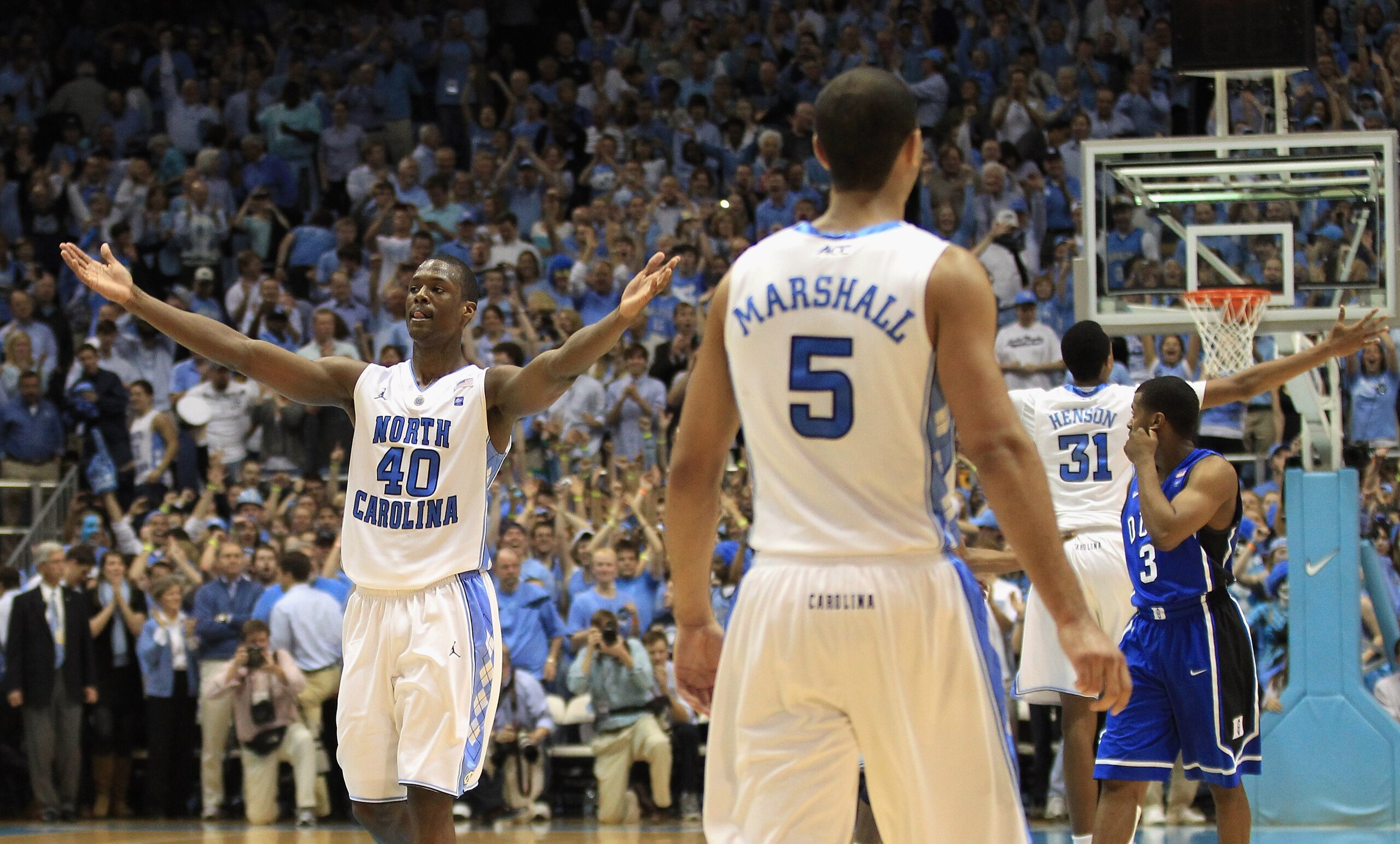 CHAPEL HILL, NC - MARCH 05:  Harrison Barnes #40 of the North Carolina Tar Heels celebrates winning the ACC Regular Season Championship as they defeated the Duke Blue Devils 81-67 at the Dean E. Smith Center on March 5, 2011 in Chapel Hill, North Carolina
